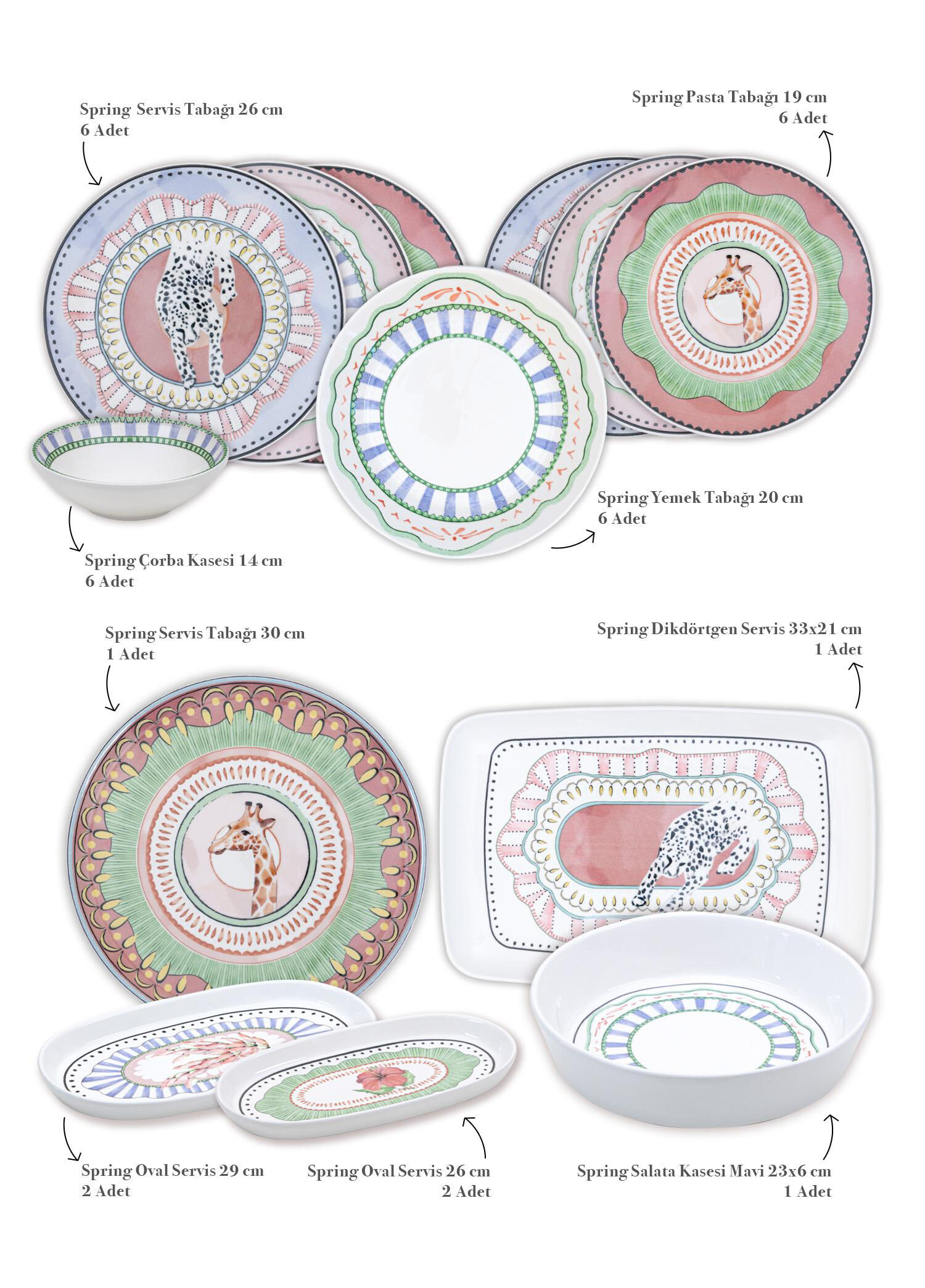 The Mia - Spring Renkli Seramik 31 Parça 6 Kişilik Yemek Takımı