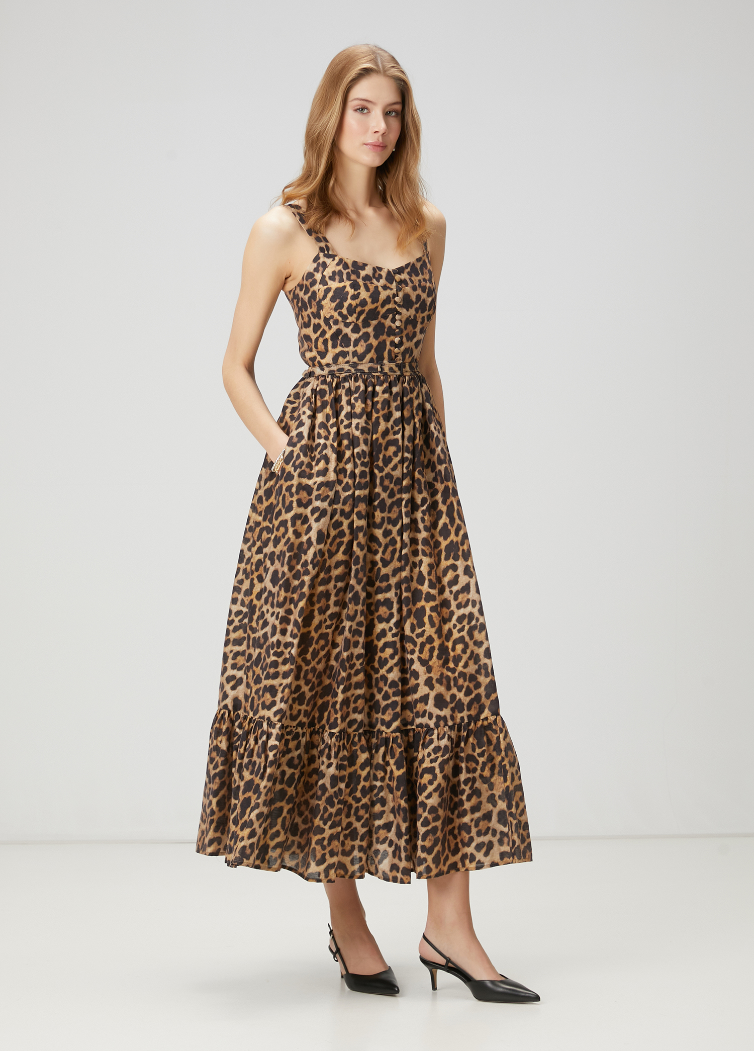 Kahverengi Leopar Desenli Midi Elbise_3