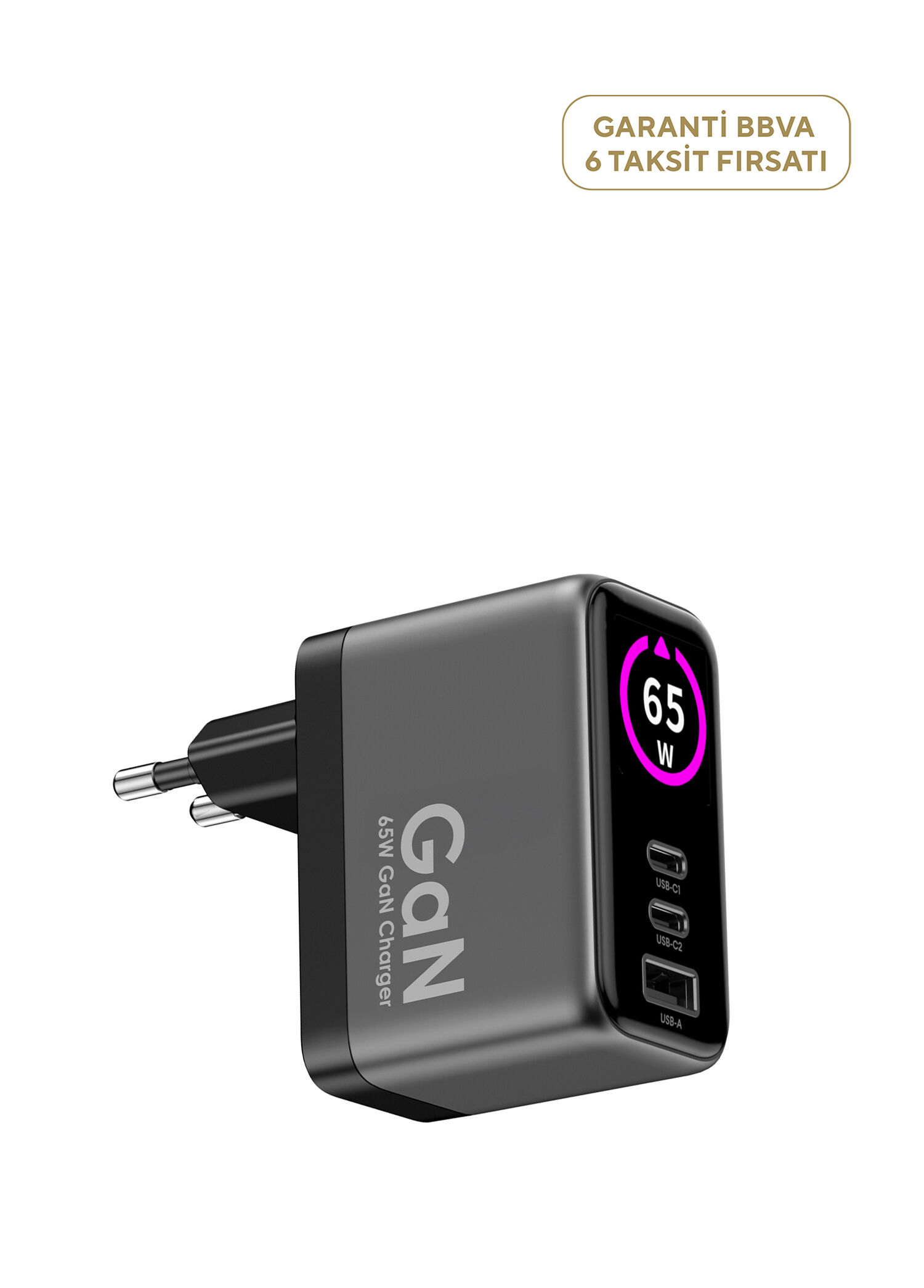 65W GaN 2x USB-C ve 1 USB-A Çıkışlı PD PPS Dijital Güç Ekranlı Hızlı Şarj Adaptörü X6414