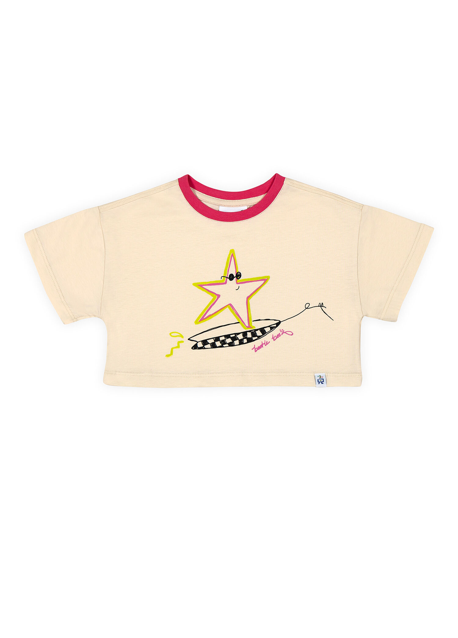 Surfer Starfish Baskılı Ekru Crop Fit Kısa Kollu Kız Çocuk T-Shirt