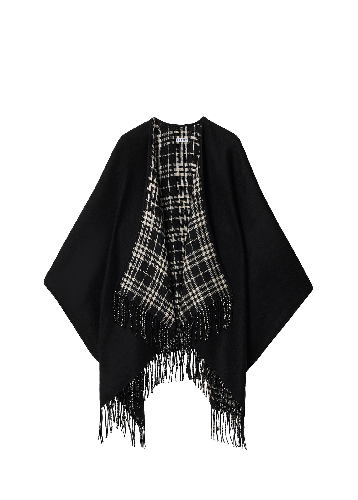 Reversible Check Siyah Yün Kadın Panço