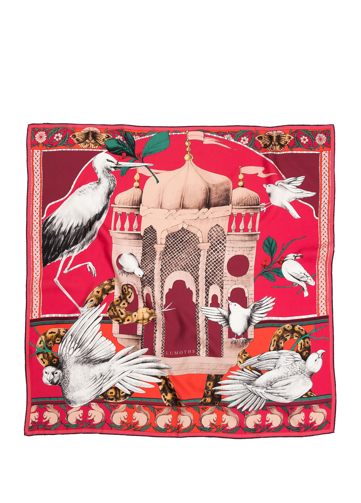 Miniature Palace Kuşlar ve Köşk Fuşya İpek Twill Kadın Fular 53 cm
