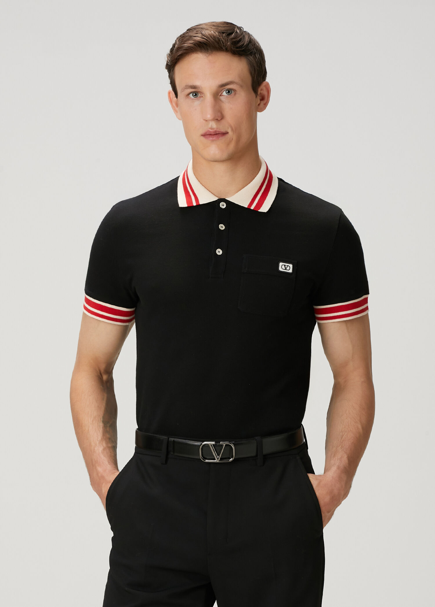 Valentino - Siyah Polo Yaka Kısa Kollu Triko - Siyah