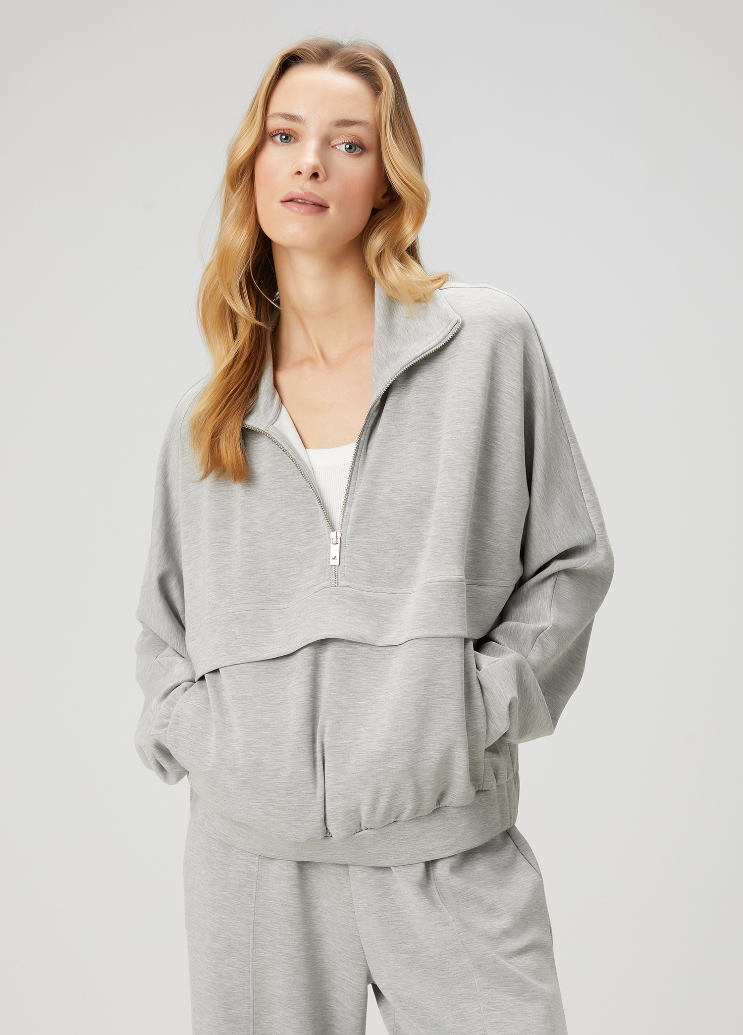 Gri Melanj Fermuarlı Sweatshirt_1