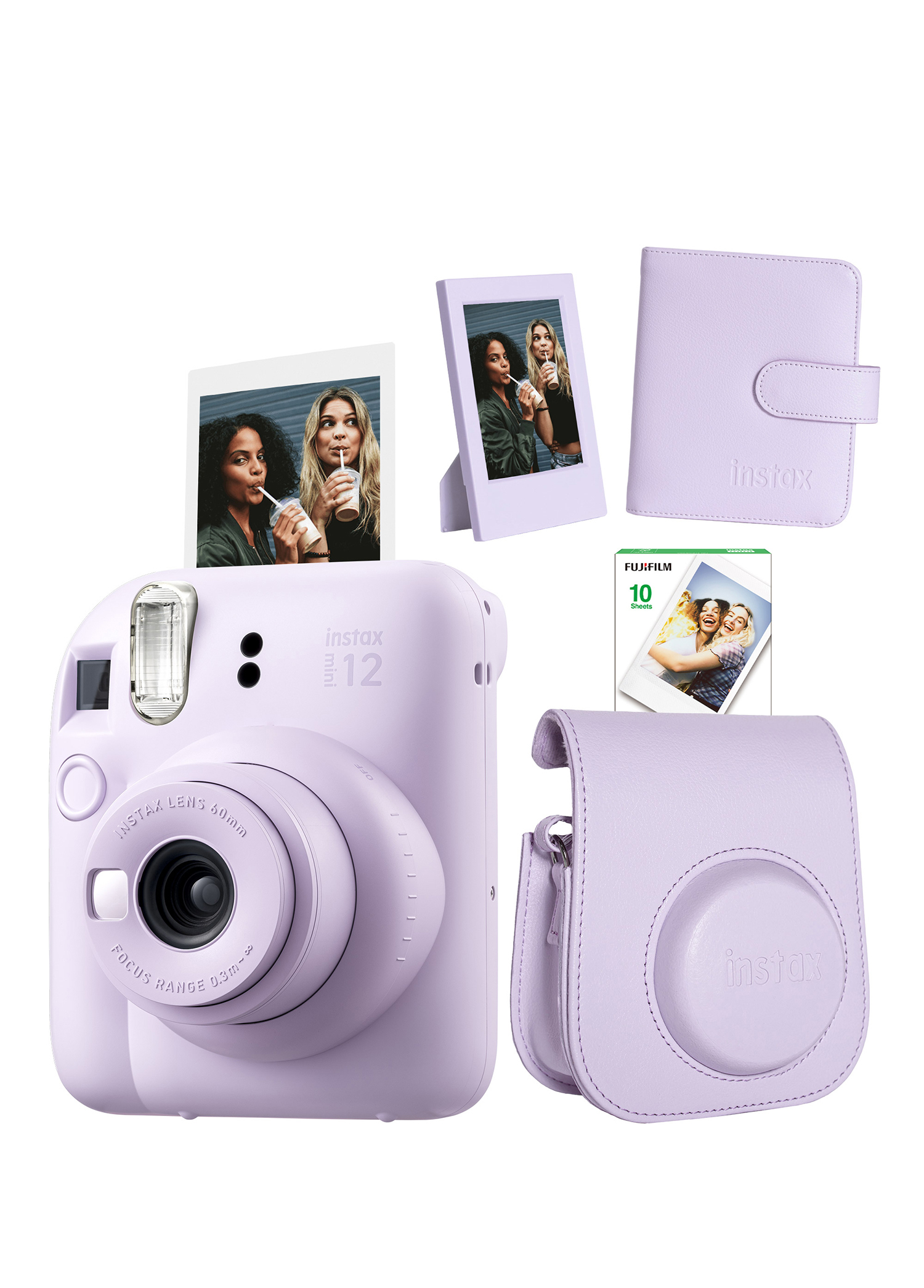 Instax Mini 12 Lila Fotoğraf Makinesi + 10'lu Film Çerçeve Kare Albüm ve Deri Kılıf Seti