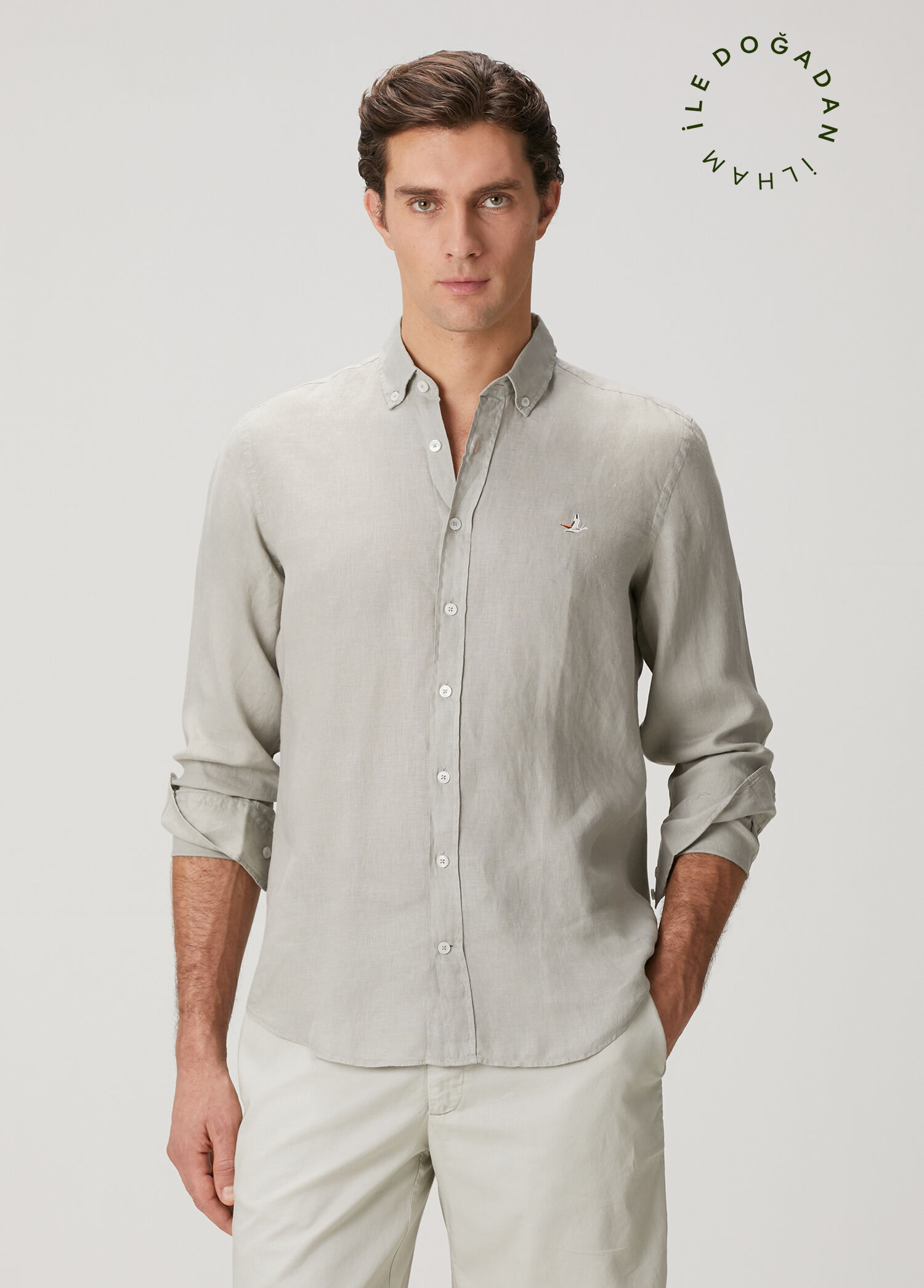 Açık Haki Comfort Fit Keten Gömlek
