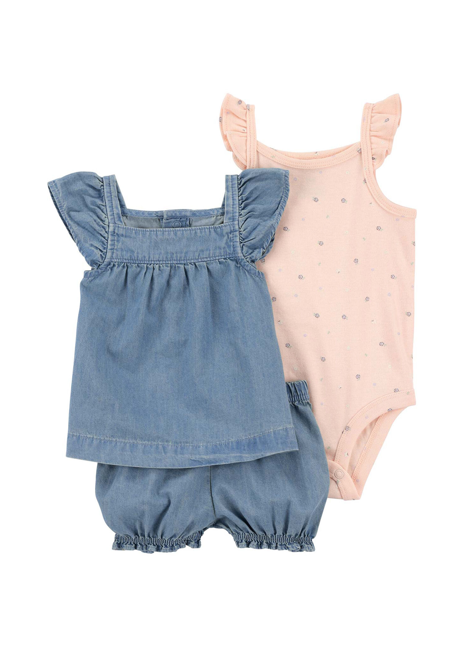 Mavi Pembe Fırfırlı T-shirt Şort ve Body Kız Bebek 3'lü Set
