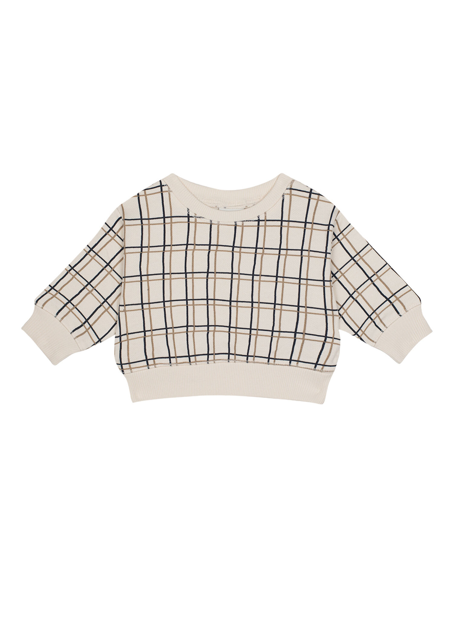 Grid Çizgi Desenli Bej Unisex Bebek Sweatshirt