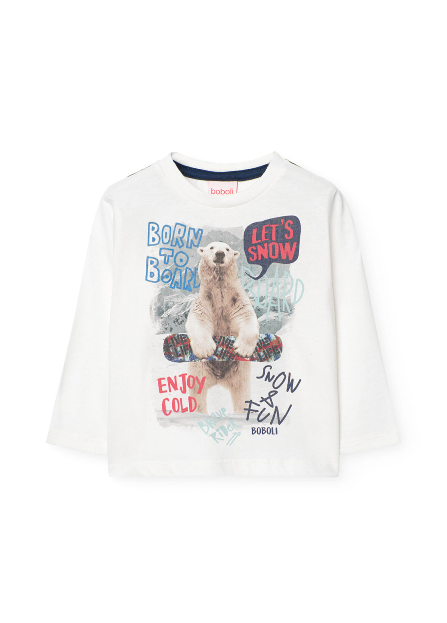 Beyaz Yuvarlak Yaka Uzun Kollu Erkek Çocuk T-shirt