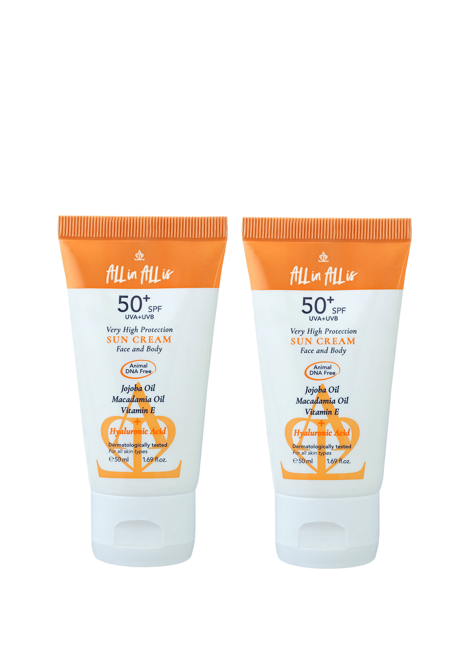 Hyalüronik Asit ve Jojoba Yağı içeren SPF50+ Tüm Ciltler için Yüksek Korumalı 2'li Güneş Kremi 50 ml