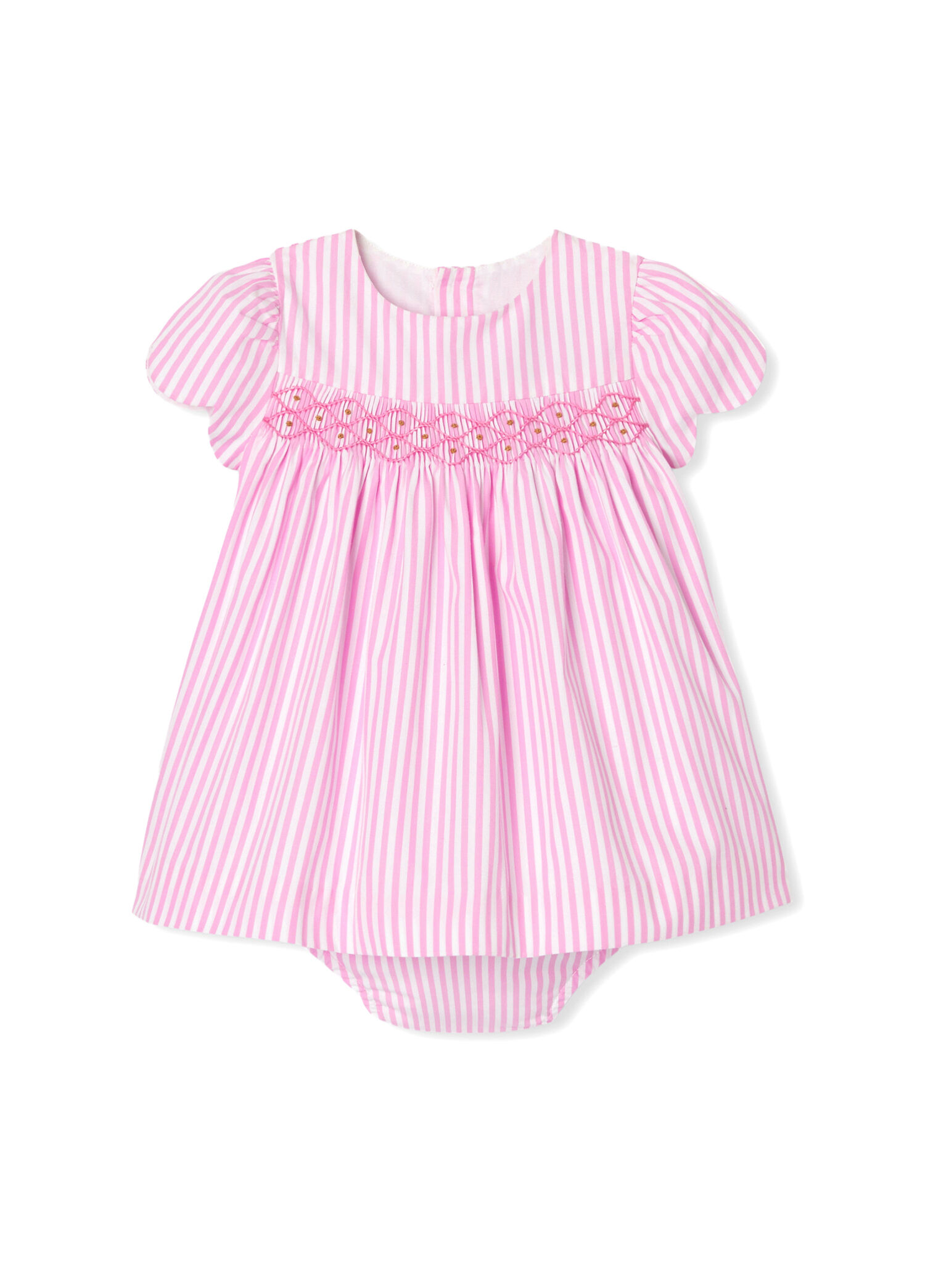 Pembe Beyaz Çizgili Poplin Kız Bebek Elbise