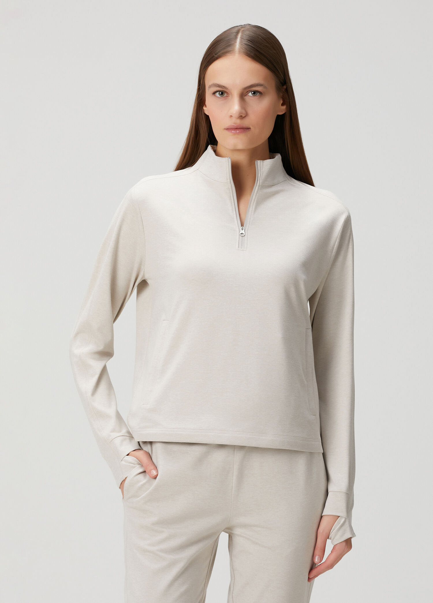 Açık Bej Fermuarlı Sweatshirt