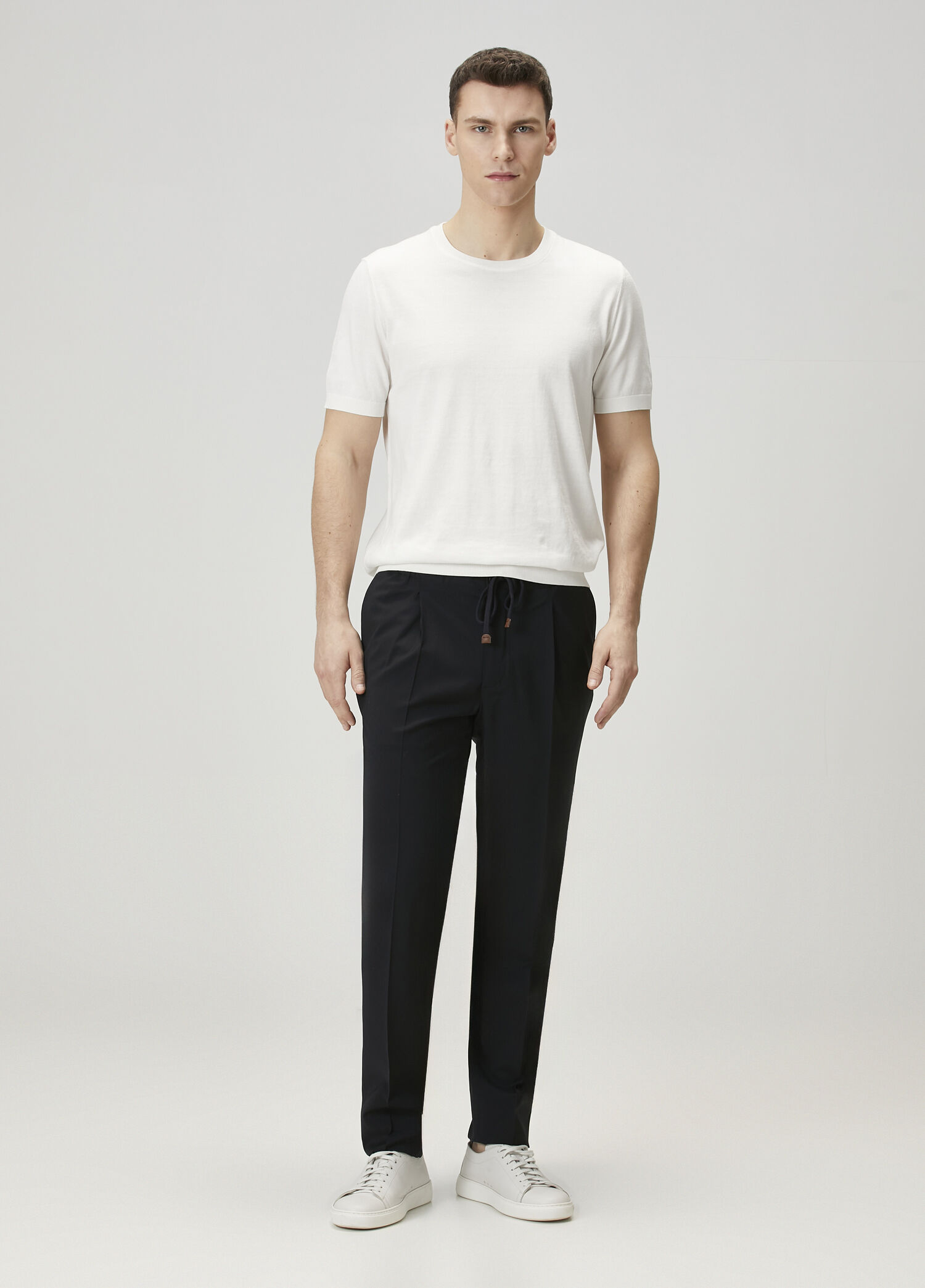 Tapered Fit Lacivert Beli Kordonlu Yün Pantolon