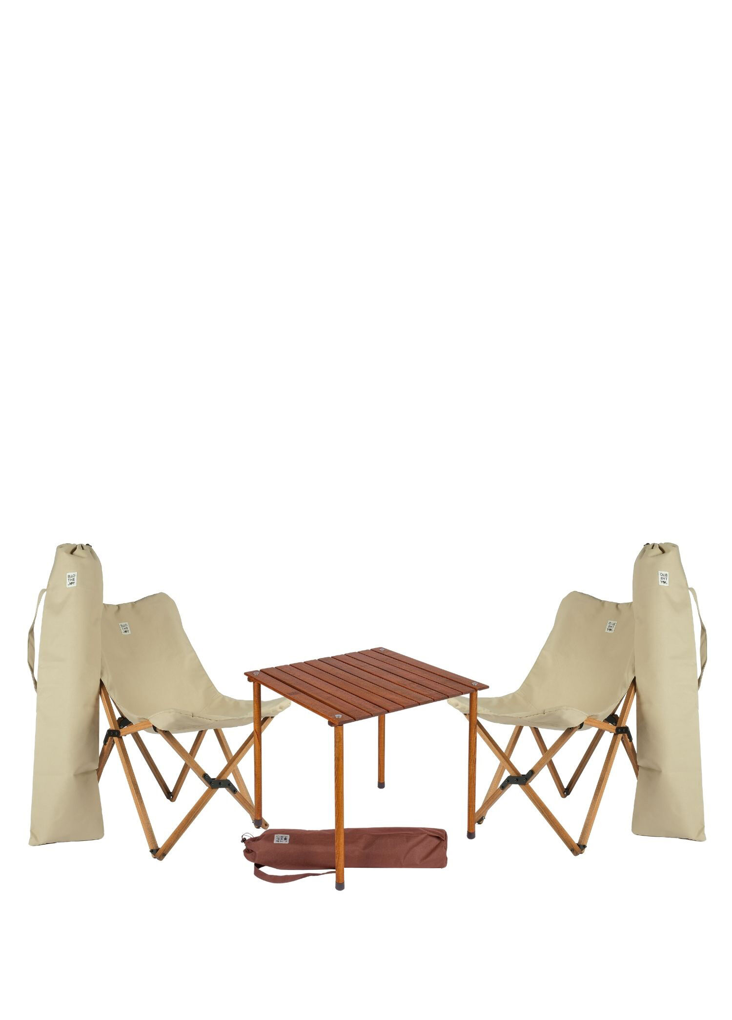 Ahşap Kahverengi Bej Katlanır Kamp Masa ve Sandalye Seti 60*60*55 cm