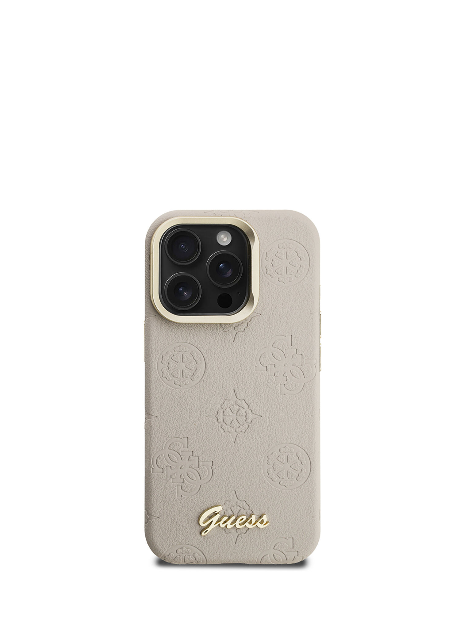 Peony iPhone 15 Pro Max Logolu Kamera Standlı PU Deri Bej Magsafe Uyumlu Telefon Kılıfı