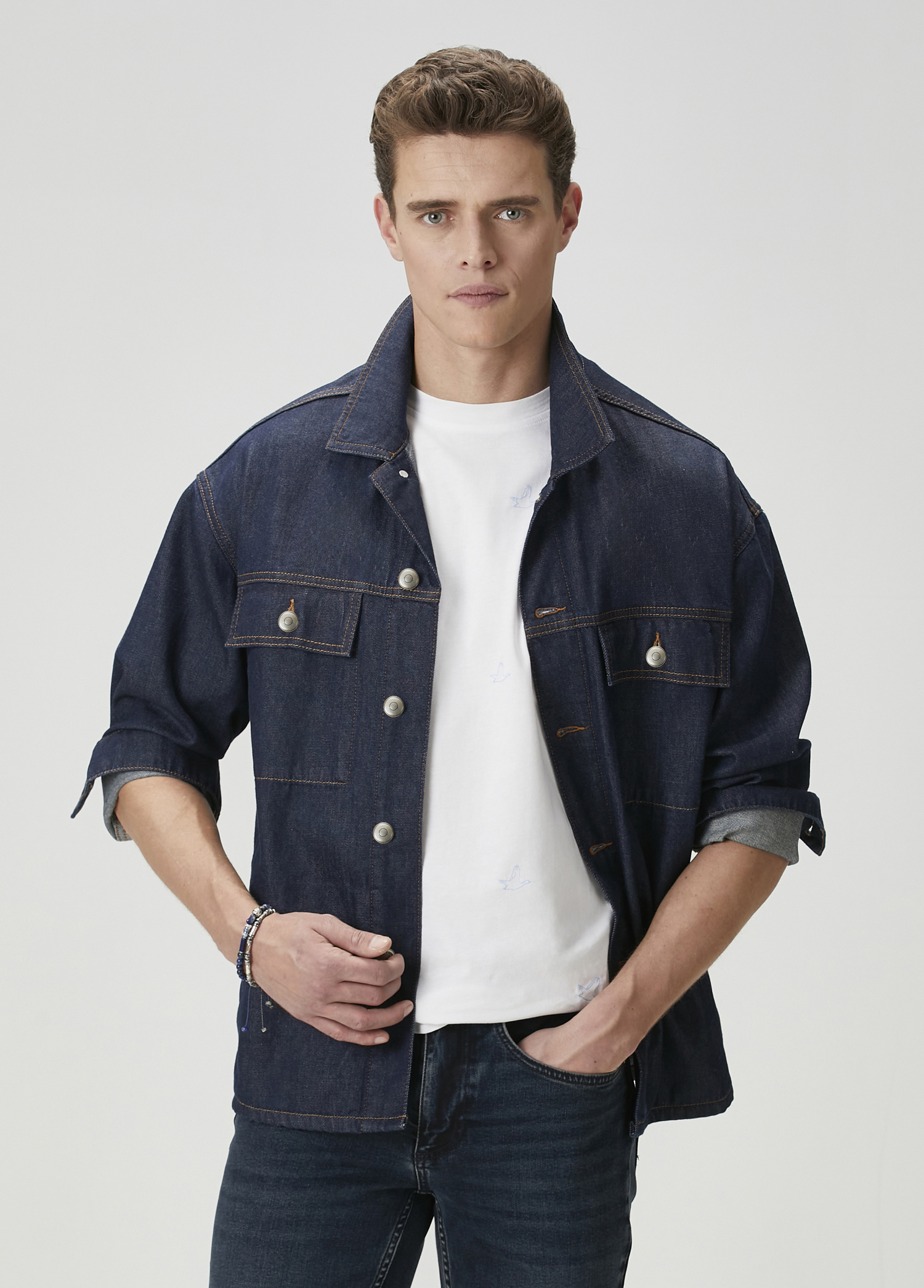 Indigo Kontrast Dikişli Denim Ceket_1