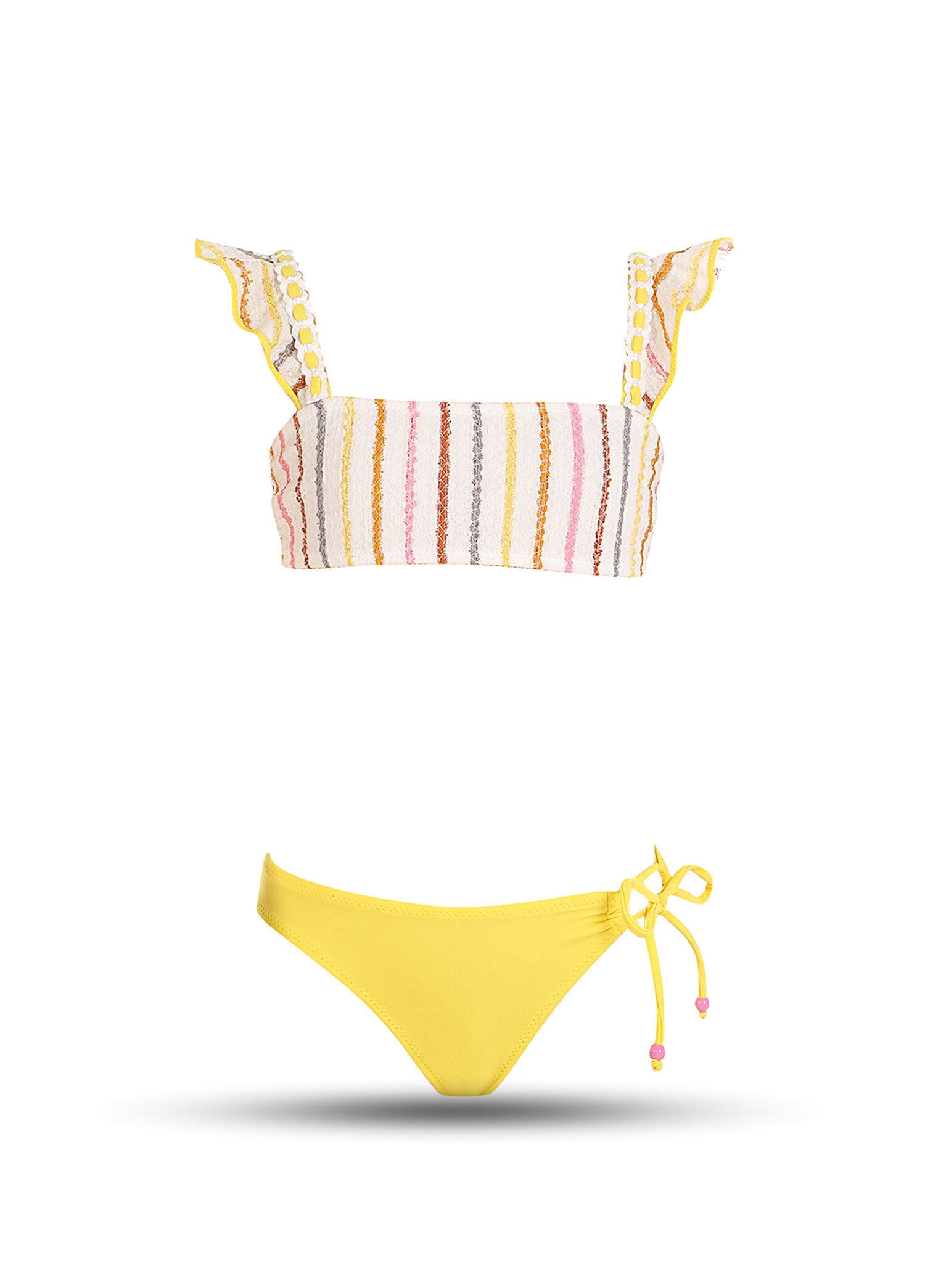 Bandeau Sarı Askılı Fırfır Detaylı Kız Çocuk Bikini Takımı