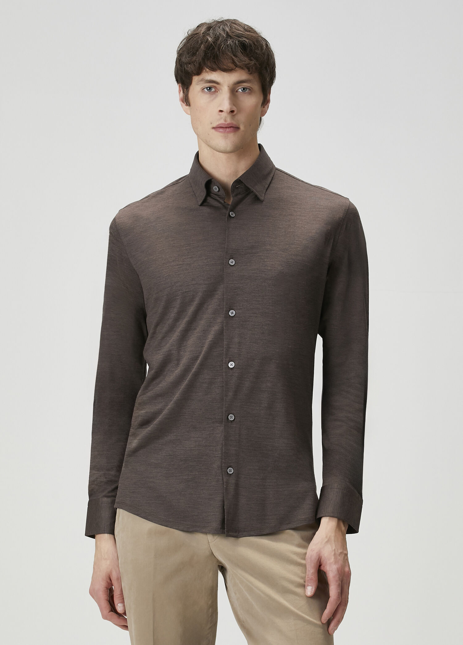 Slim Fit Kahverengi Yün Gömlek