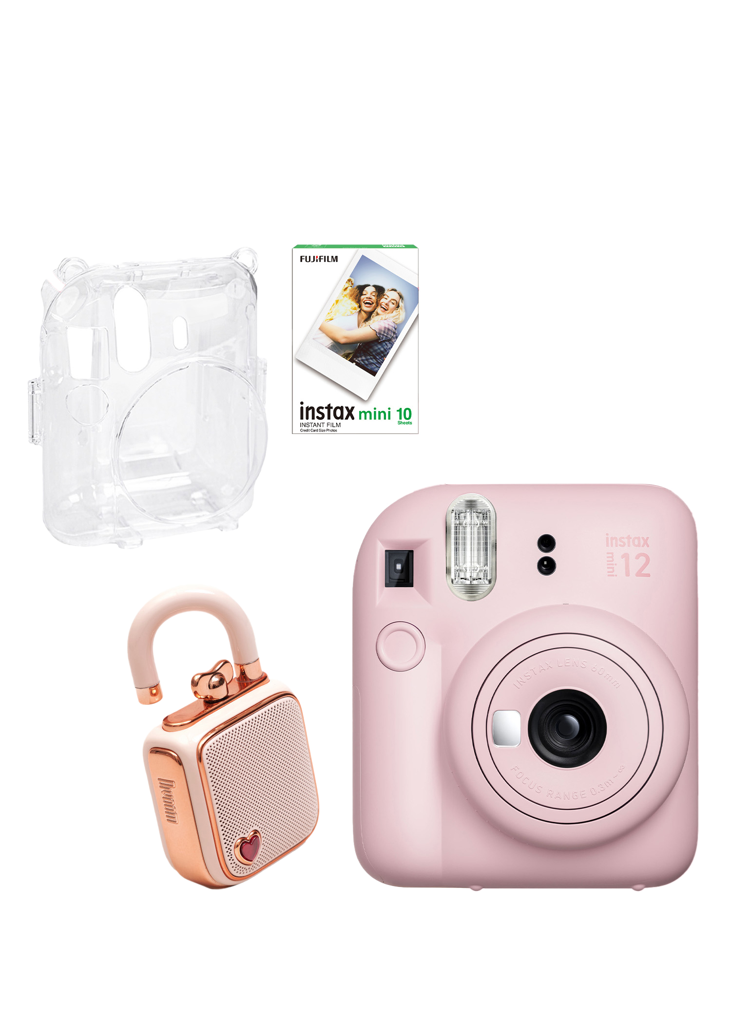 Instax Mini 12 Pembe Fotoğraf Makinesi + 10'lu Film Şeffaf Kılıf ve Divoom LoveLock Mini Ses Kayıt Özellikli Bluetooth Hoparlör Seti