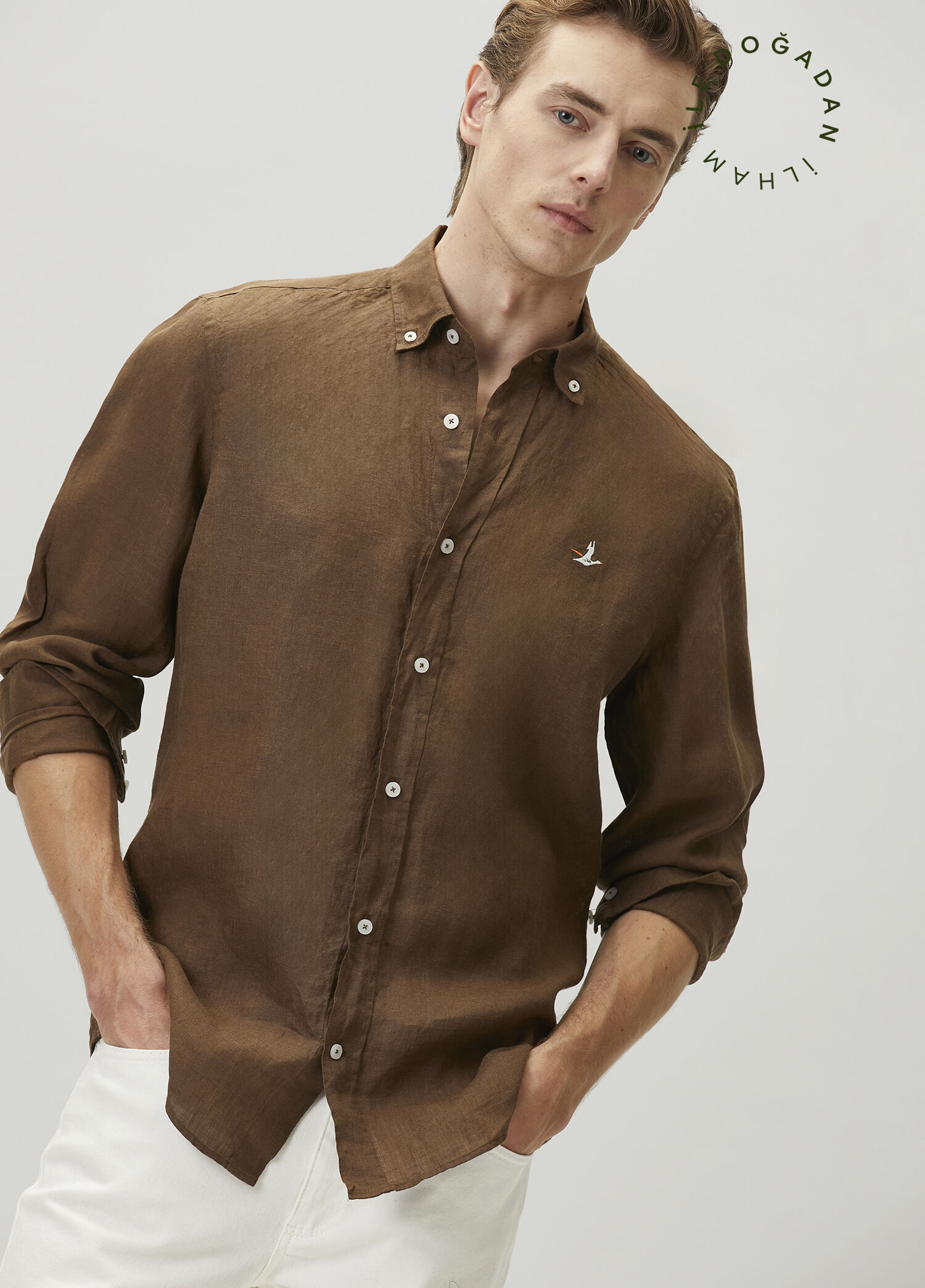 Kahverengi Comfort Fit Keten Gömlek