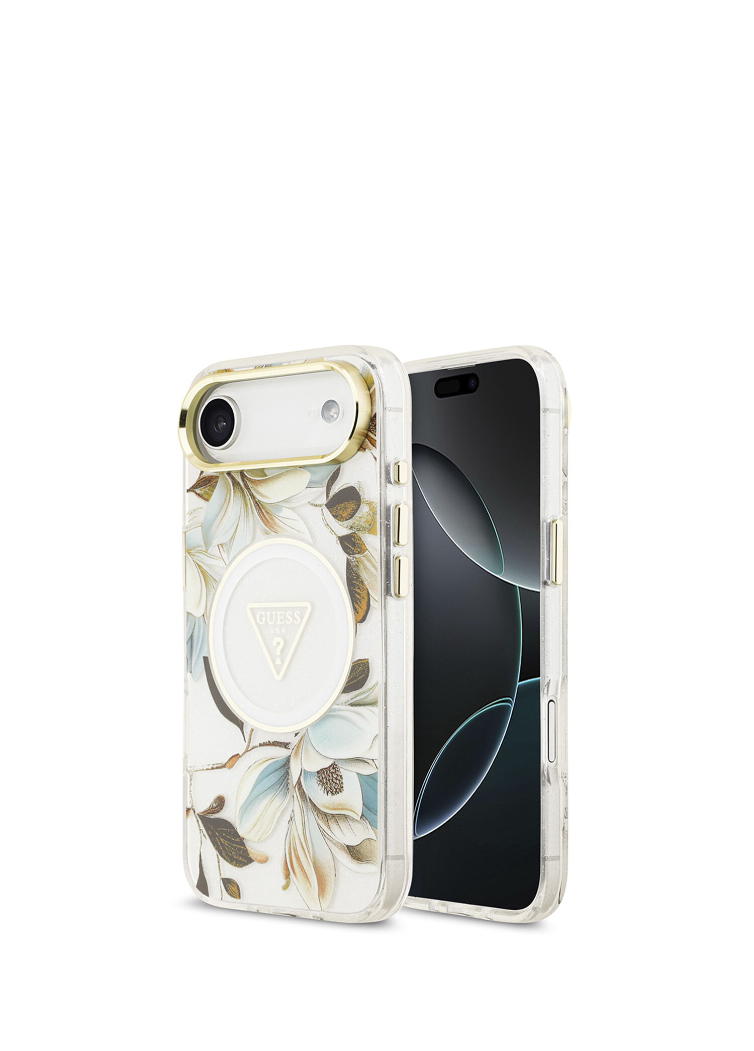 Guess  - iPhone 17 Air Charging Glitter Flower Pattern Metal Camera Frame Triangle Logo Magsafe Compatible Phone Case