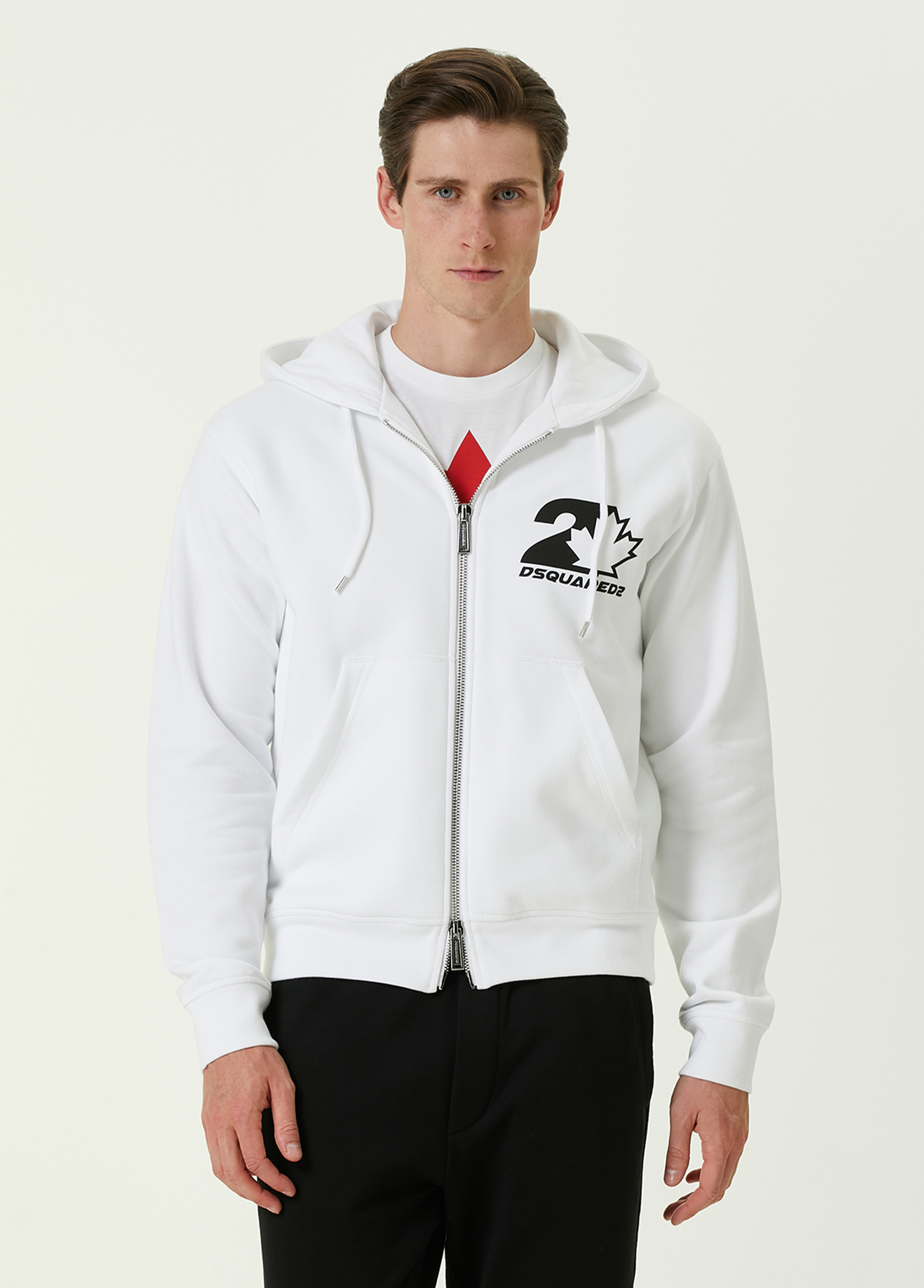 Beyaz Kapüşonlu Logo Baskılı Sweatshirt