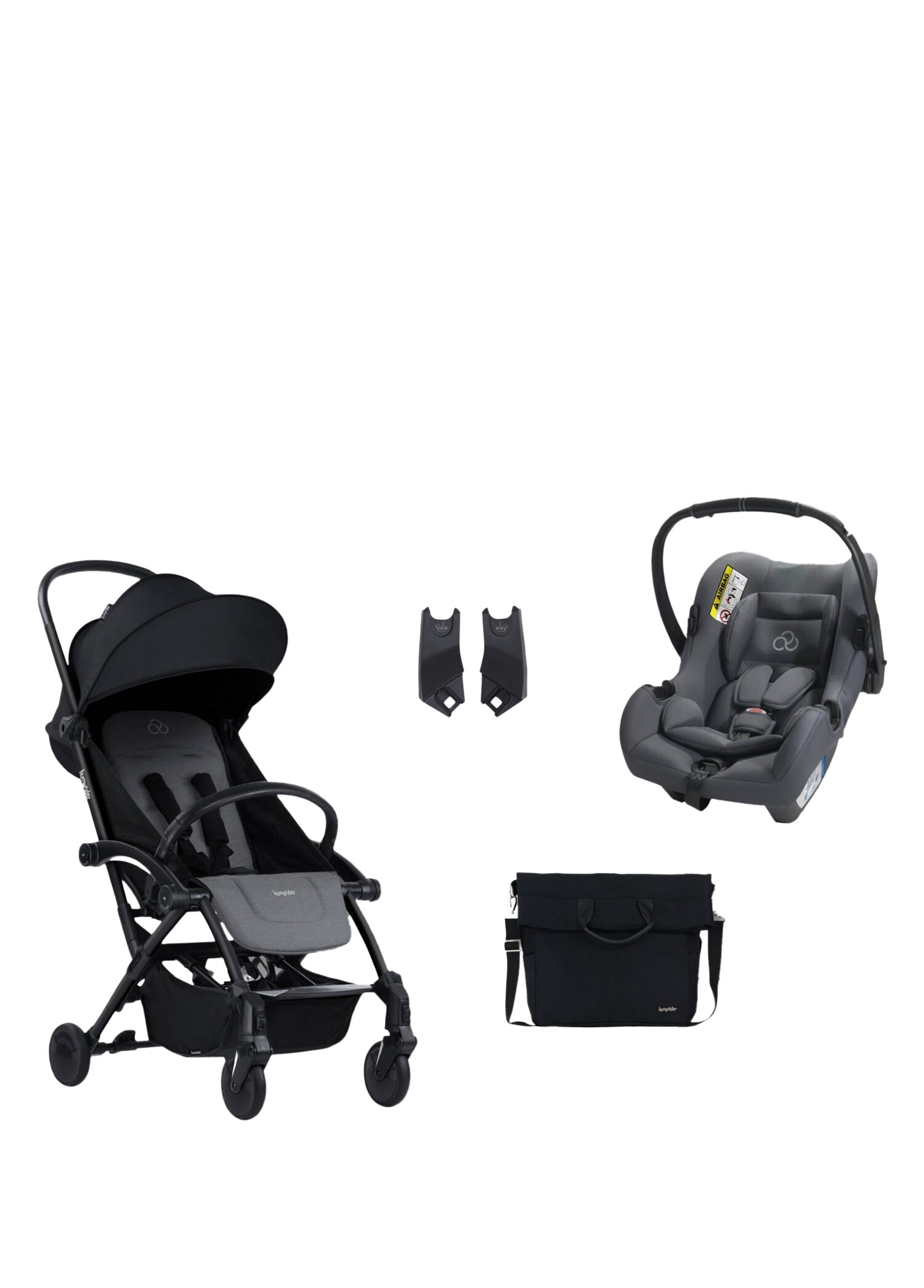 Connect³ Black Grey Melange Bebek Arabası ve Connect TRN Grup 0+ Grey Oto Koltuğu ve Oto Koltuk Adaptörü
