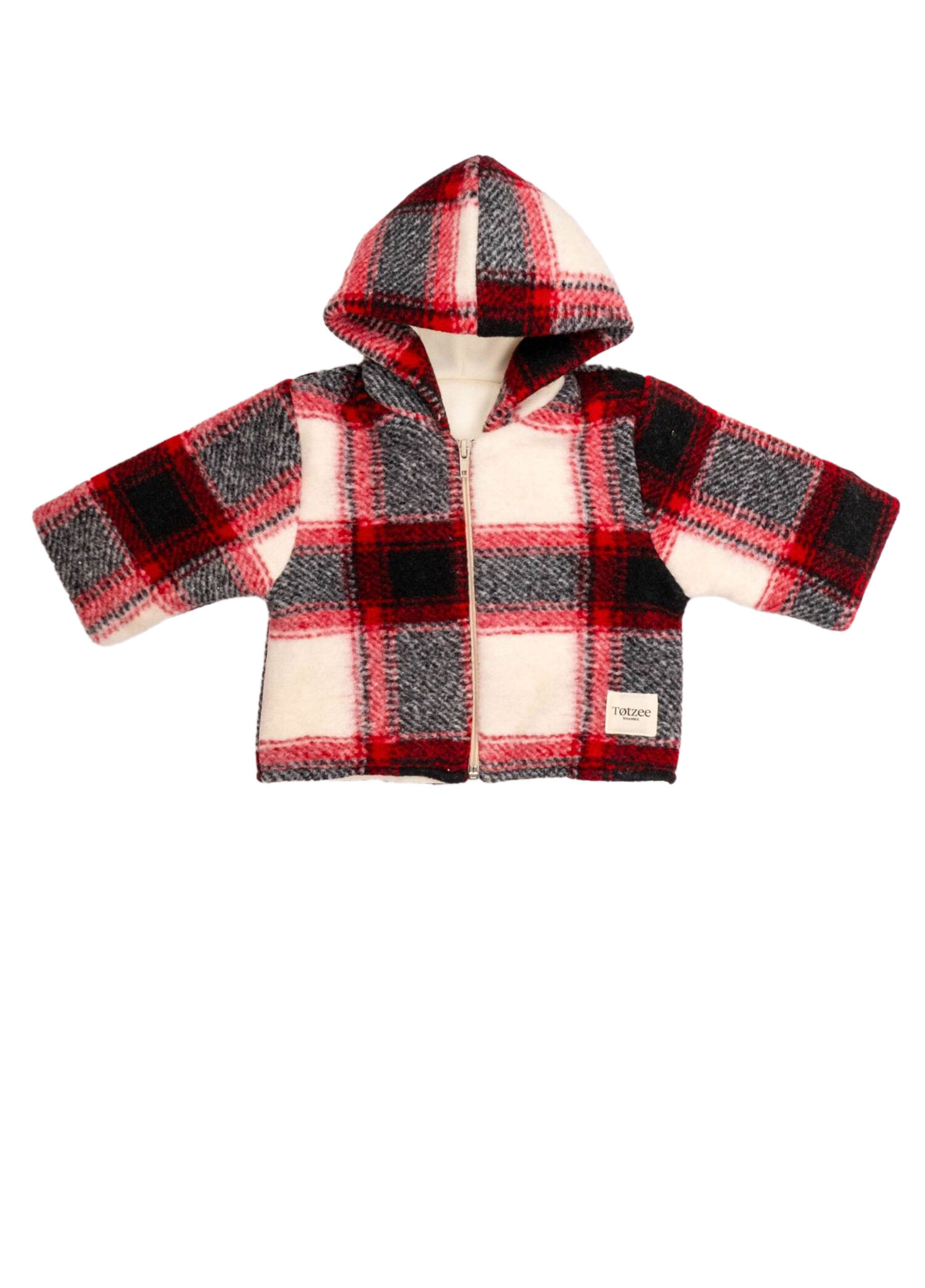 Kırmızı Krem Ekoseli Kapüşonlu Unisex Bebek Mont