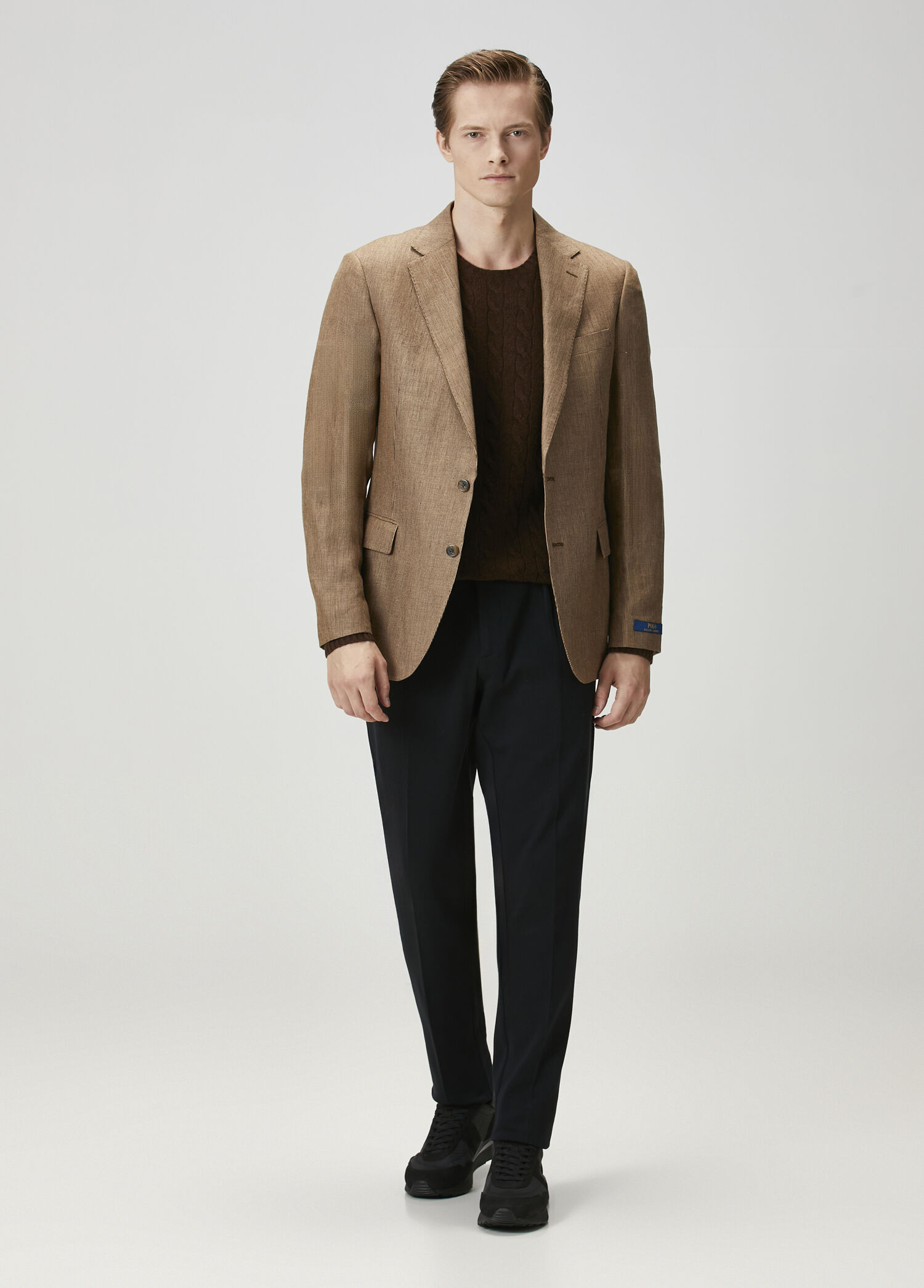 Modern Fit Kahverengi Mikro Desenli Keten Ceket