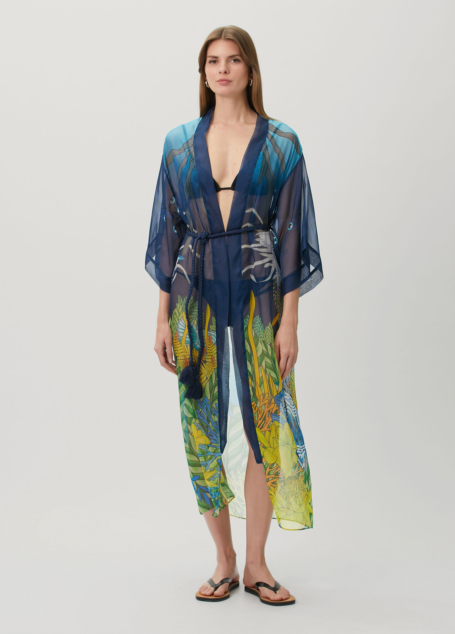 Jilda Siren Lacivert Desenli İpek Kimono