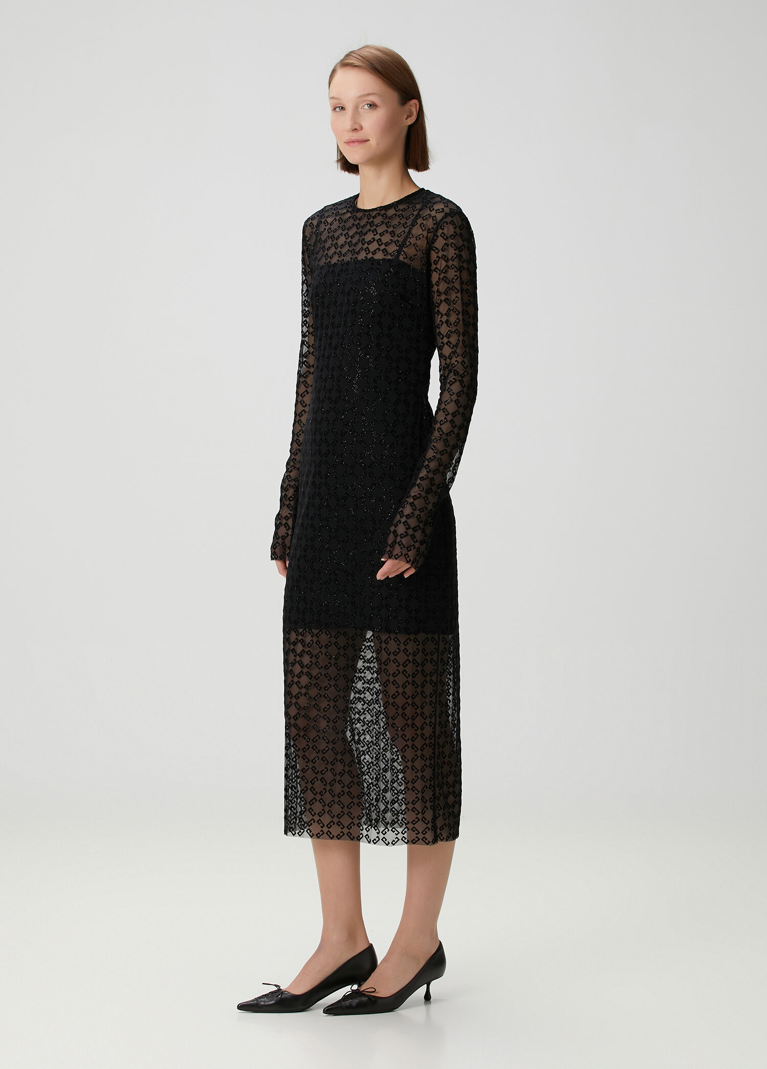 Siyah Monogram Midi Tül Kokteyl Elbise