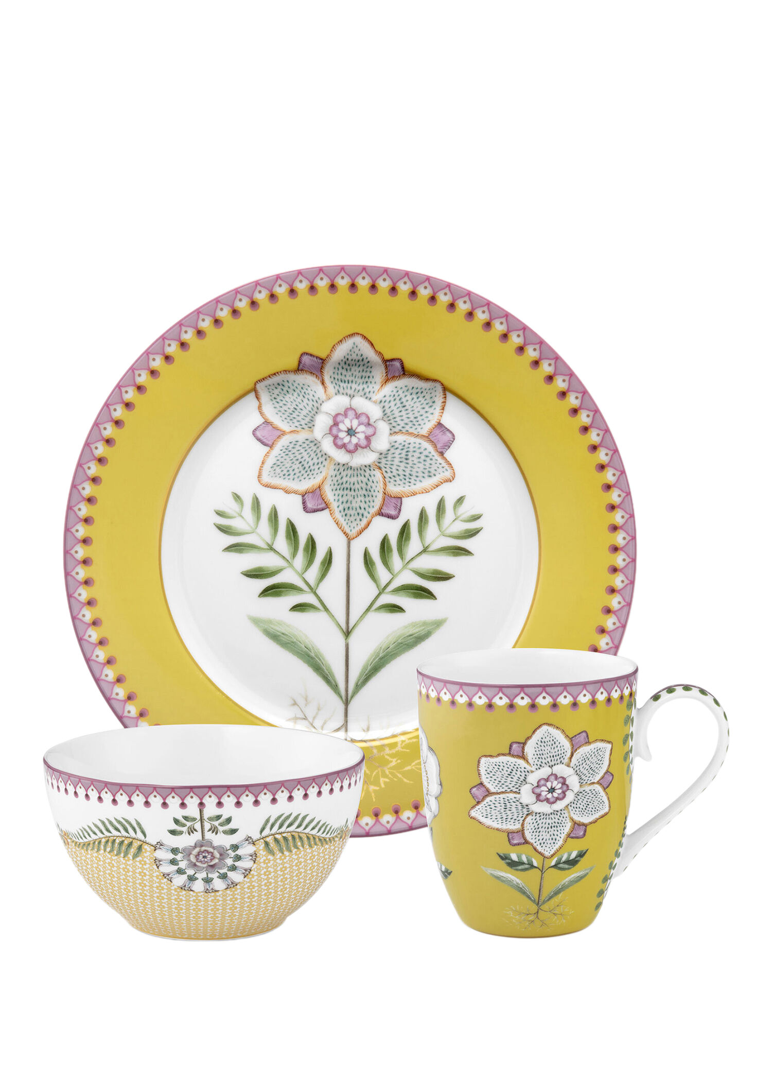 Pip Studio - Lily Lotus Sarı Porselen 3'lü Tabak Kase ve Kupa Seti - Sarı