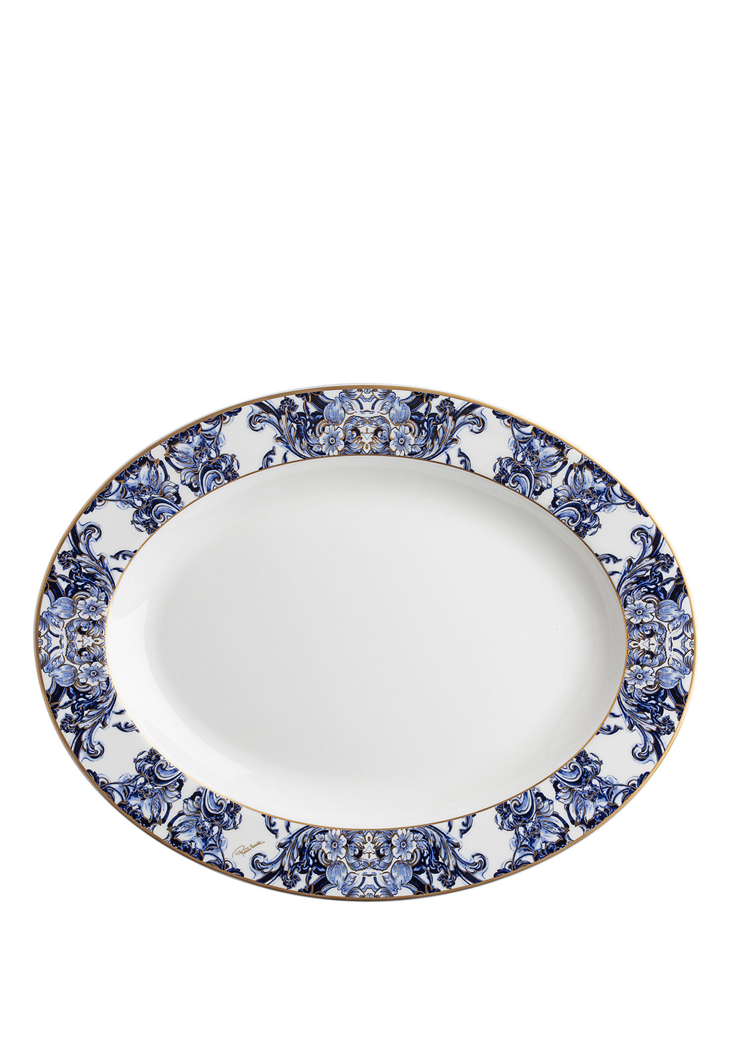 P Roberto Cavalli Azulejos Mavi Beyaz Desenli Porselen Oval Servis Tabagi 36 Cm