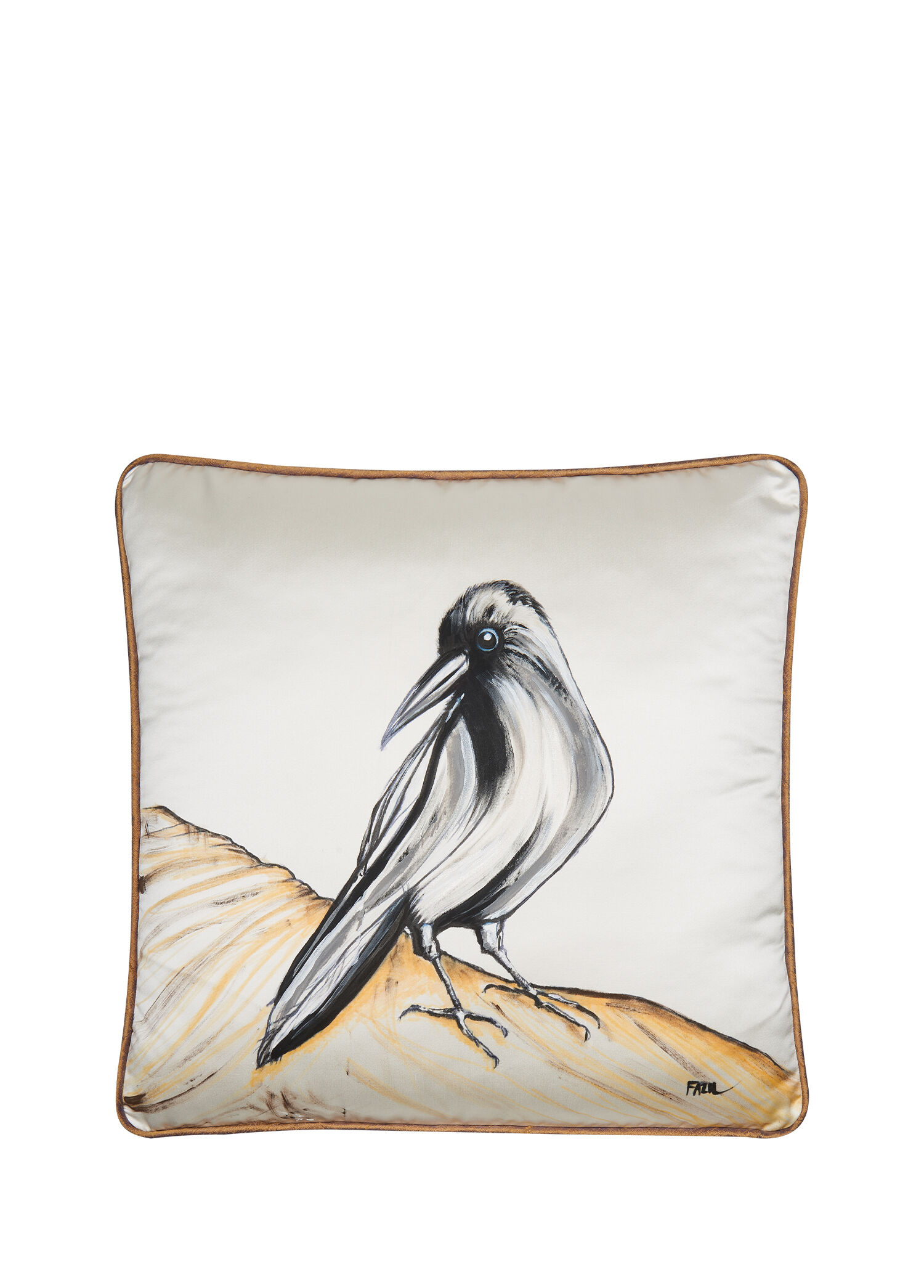 Kuzgun Saten Üzerine El Boyaması Kırlent 45 x 45 cm
