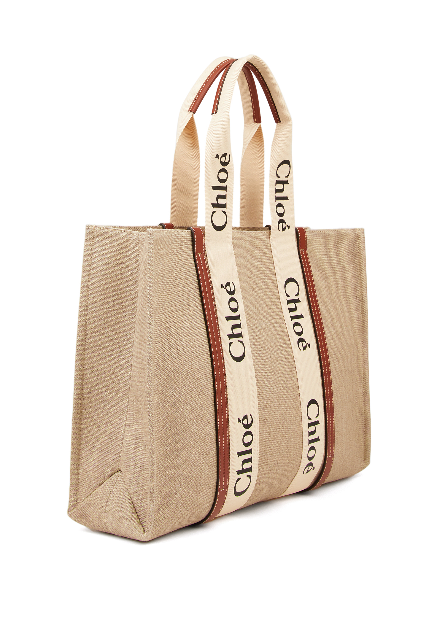 Chloe - Bej Logolu Kadın Keten Omuz Çantası - Taba-Beyaz
