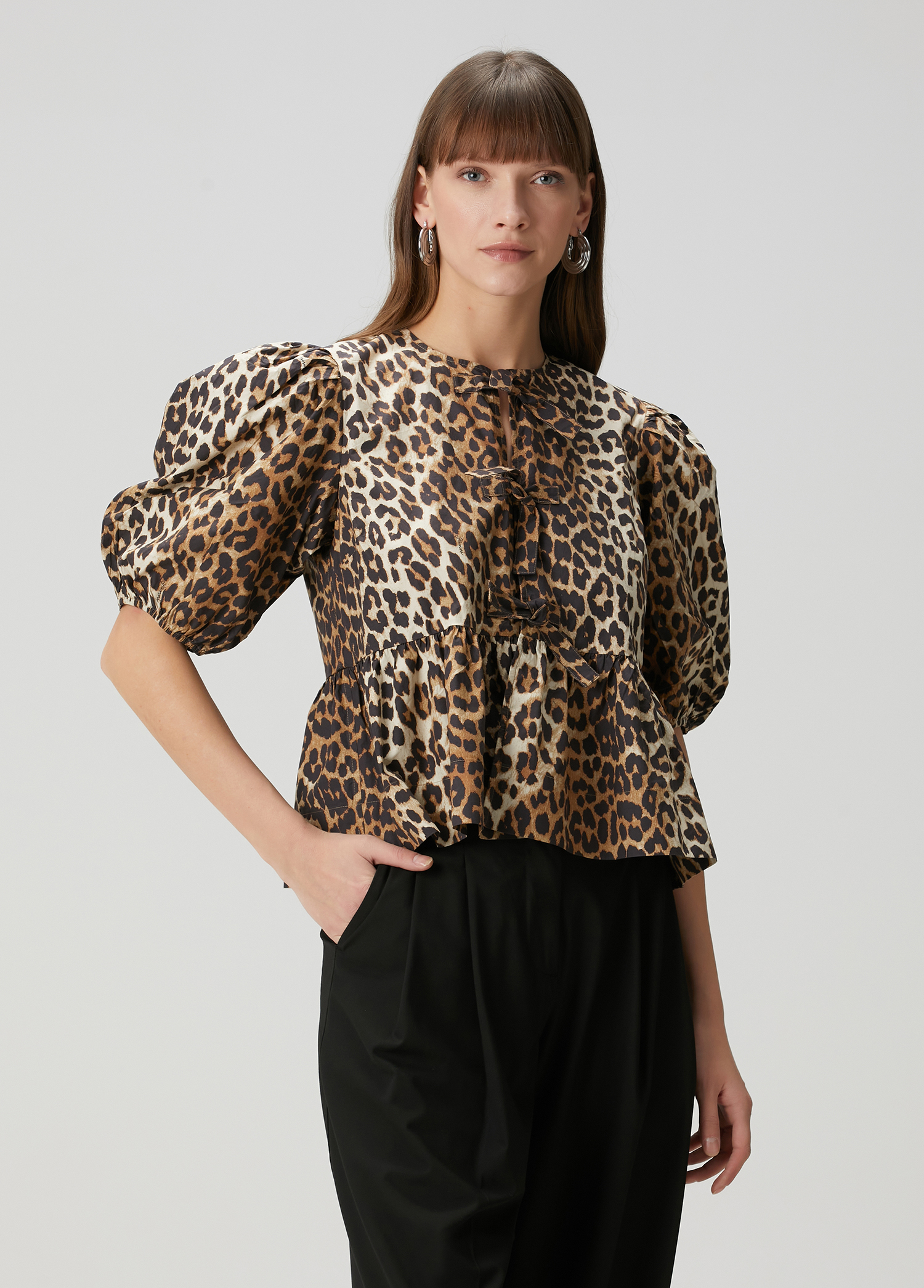 Leopar Desenli Poplin Bluz