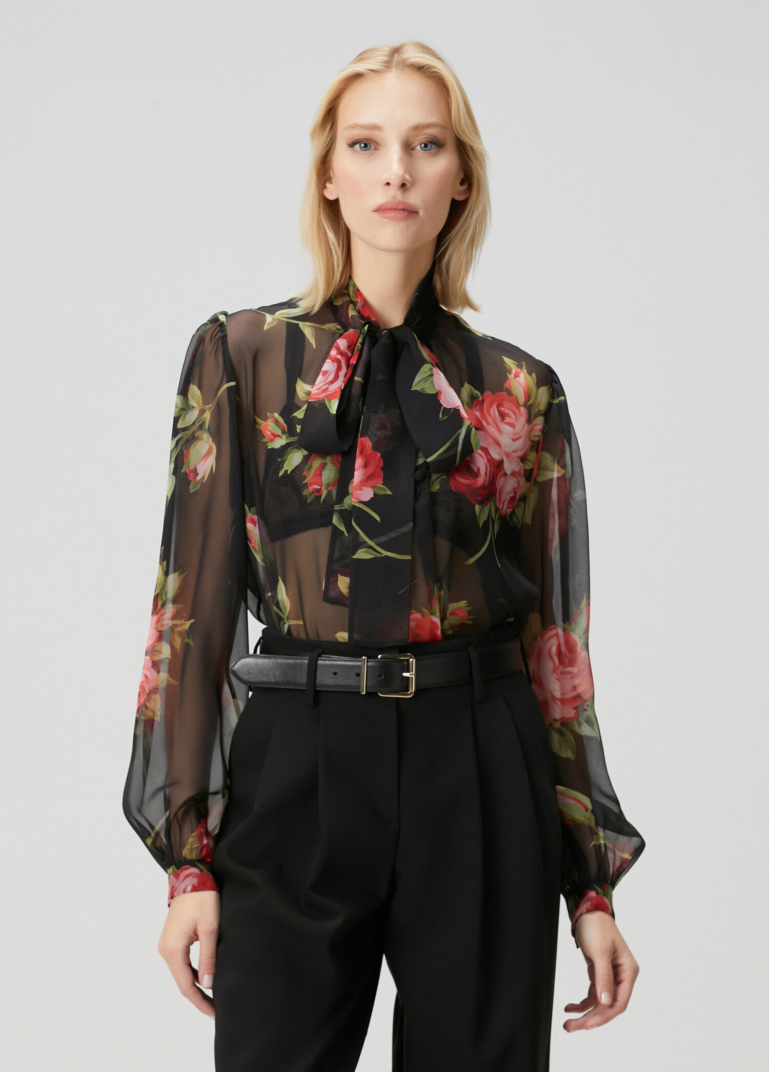 Dolce&Gabbana Kırmızı-Siyah Kadın Siyah Çiçekli İpek Şifon Bluz