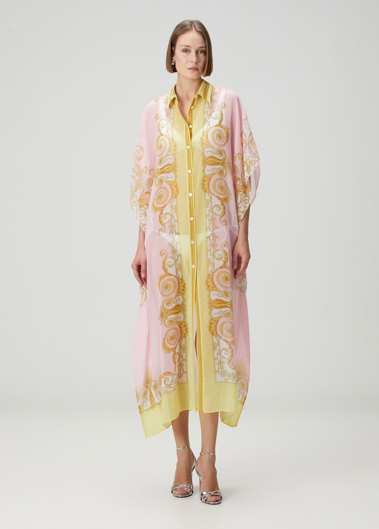 Pembe Sarı Desenli Kaftan