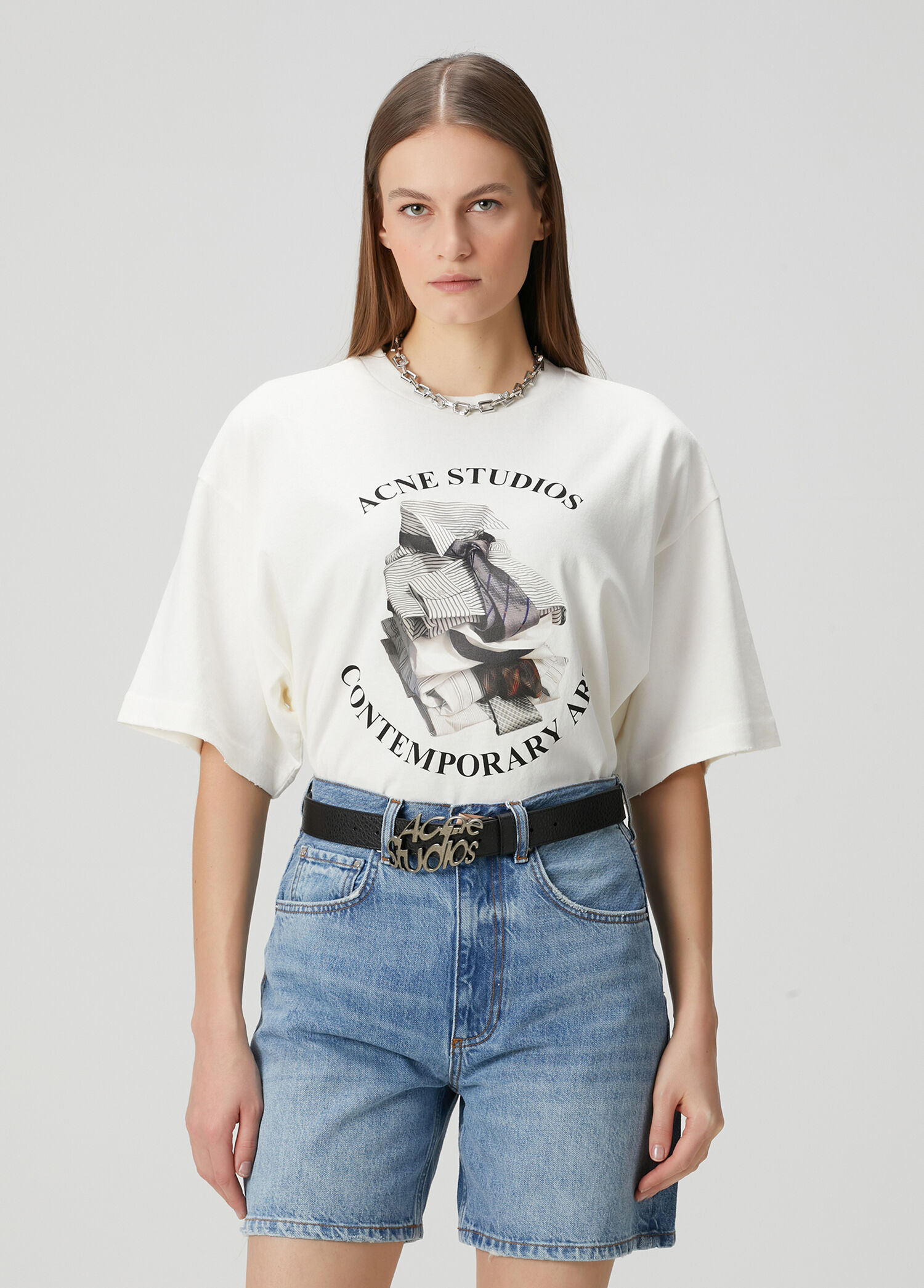 Relaxed Fit Kırık Beyaz Baskılı T-shirt