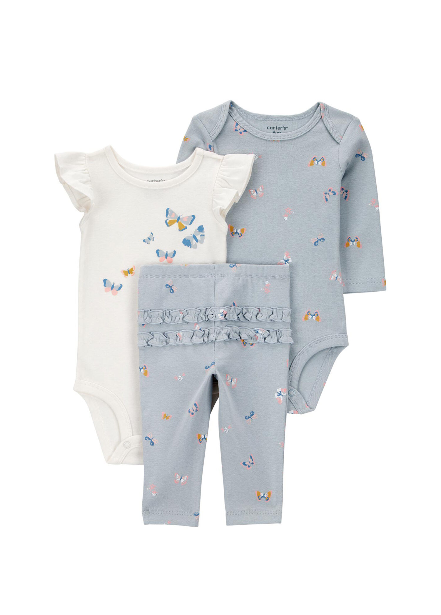Mavi Kısa Kollu + Uzun Kollu Body Pantolon Kız Bebek 3'lü Set