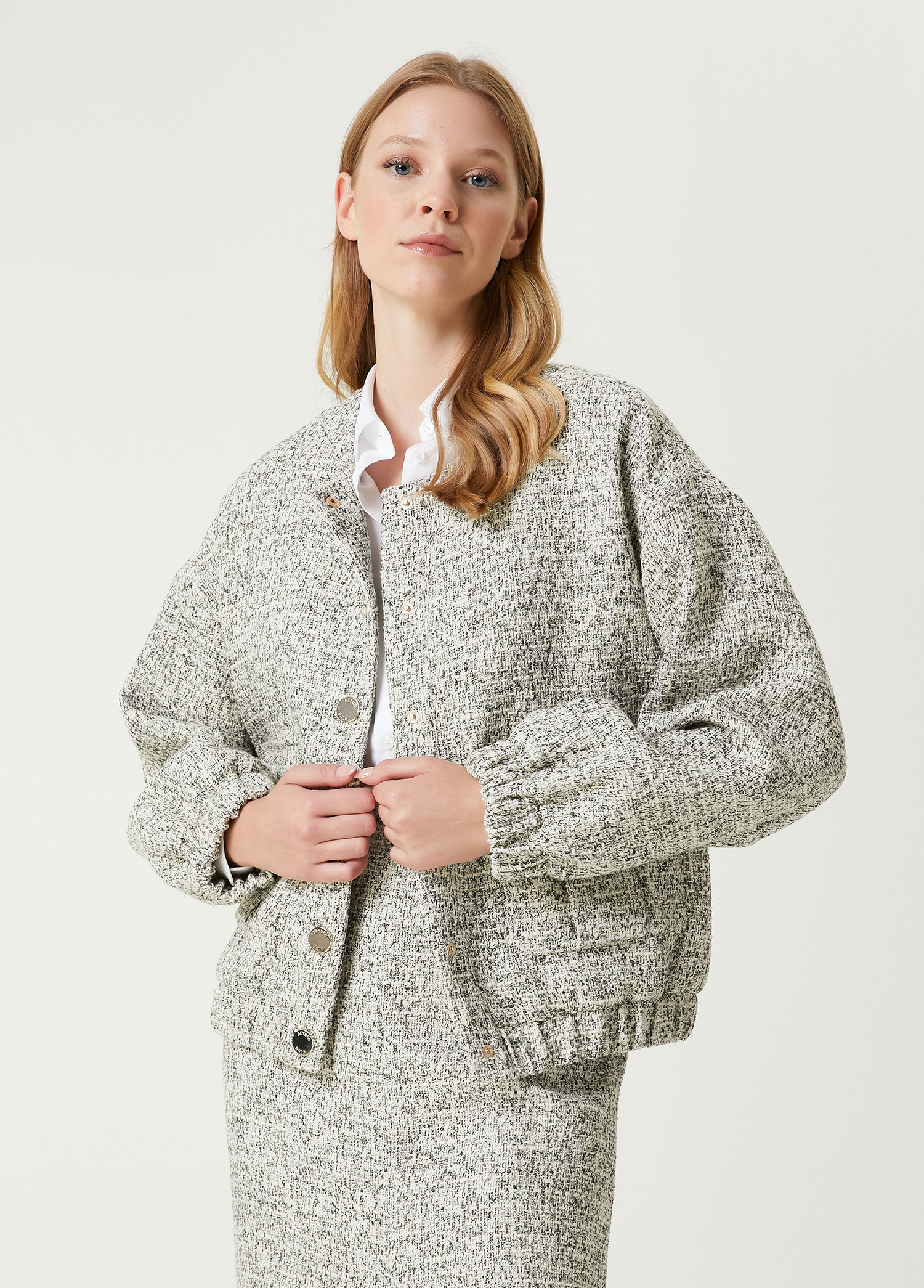 Ekru Tweed Bomber Ceket