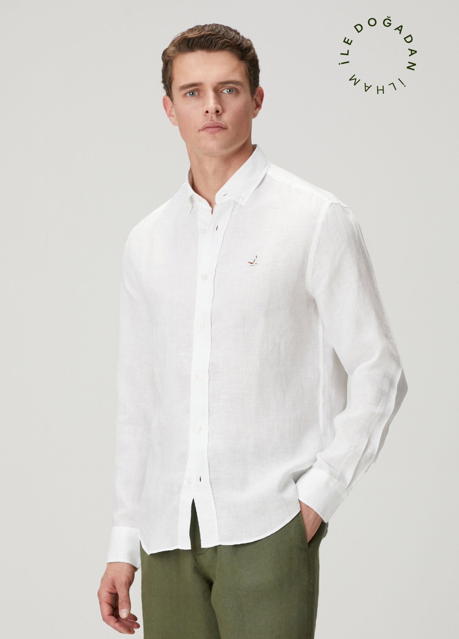 Beyaz Comfort Fit Keten Gömlek