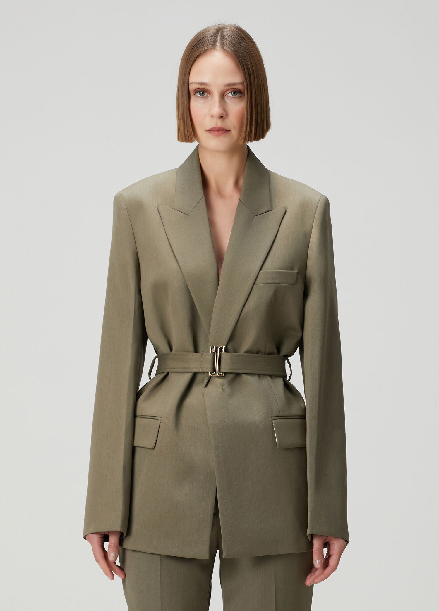 Haki Beli Kemerli Yün Blazer