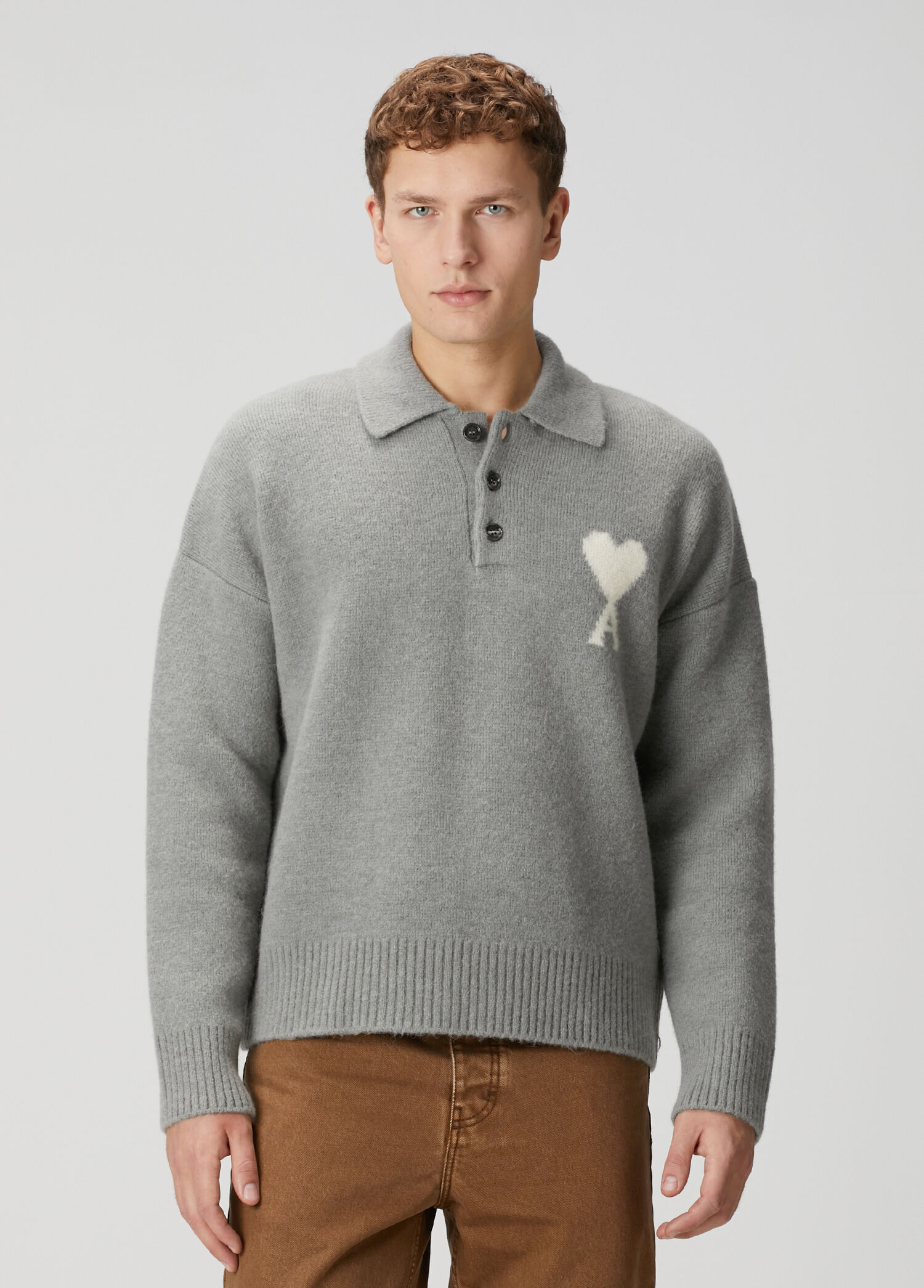 む*様 Ami Paris ハートロゴ 長袖 ポロニット グレー Gray Ami Paris Gray Men Grey Wool Polo Sweater 1853363 | Beymen