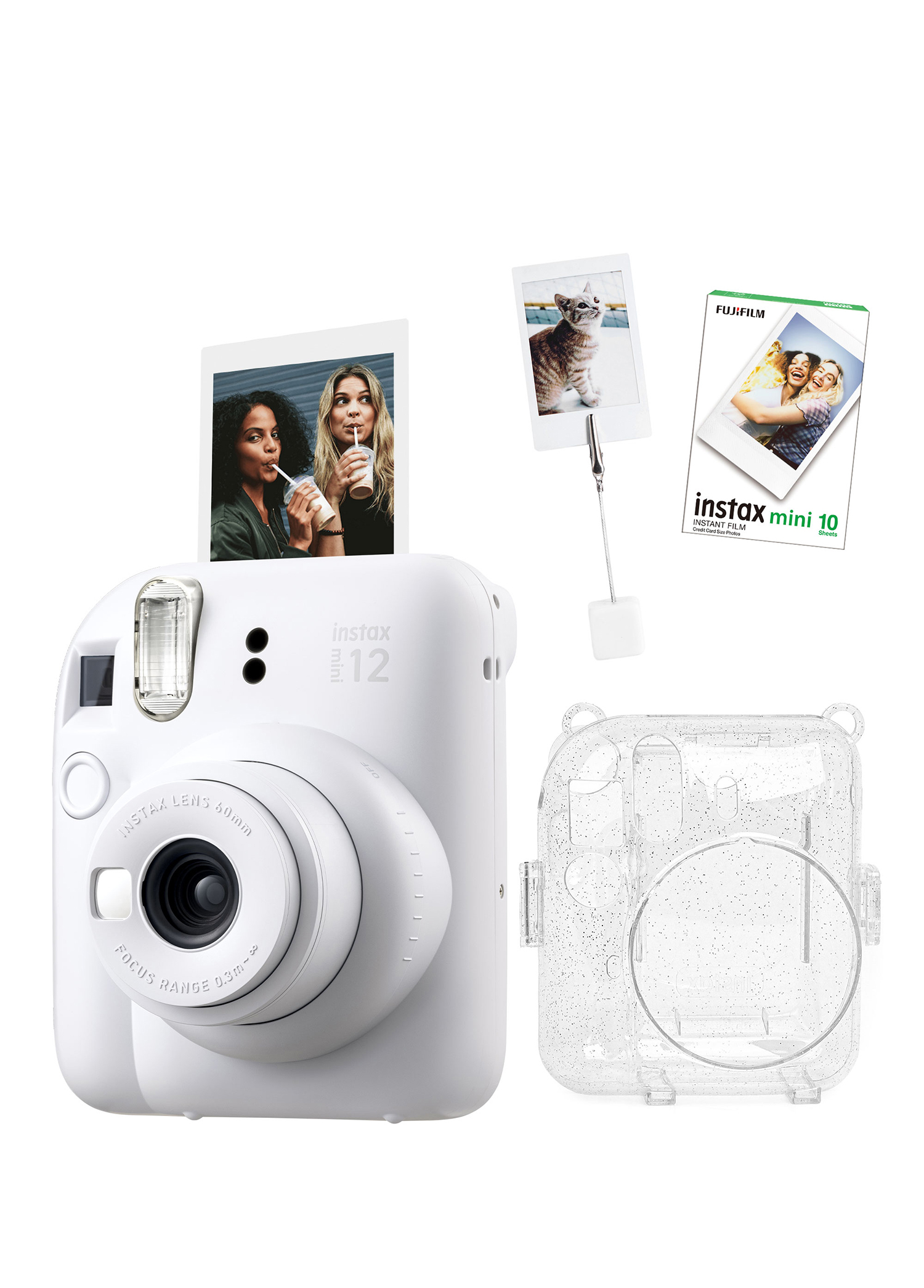 Instax Mini 12 Beyaz Fotoğraf Makinesi + 10'lu Film Kıskaçlı Resim Standı ve Simli Pleksi Kılıf Seti