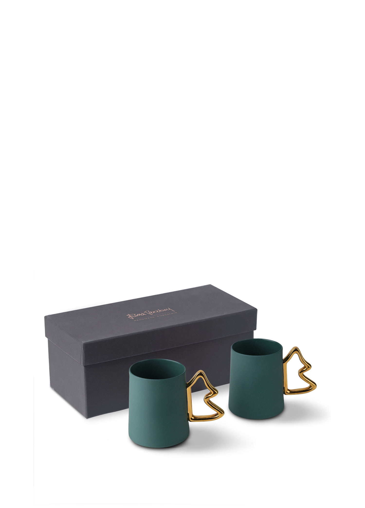 Esma Dereboy - Maya 2'li Çam Ağacı Kulplu Porselen Kupa Seti - Yeşil 