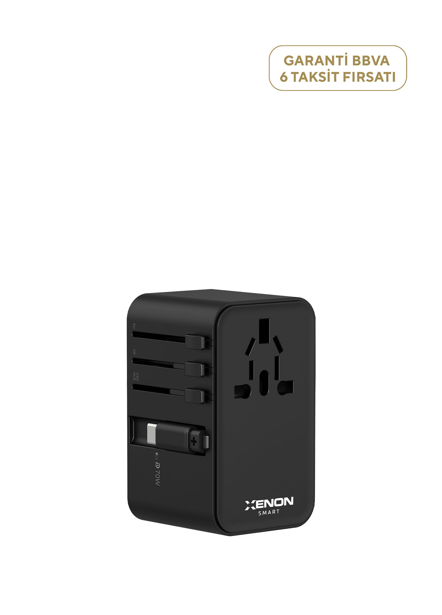 70W GaN Hızlı Şarj Dahili USB-C Kablo USB-C 2x USB-A  Priz Dönüştürücü X6411