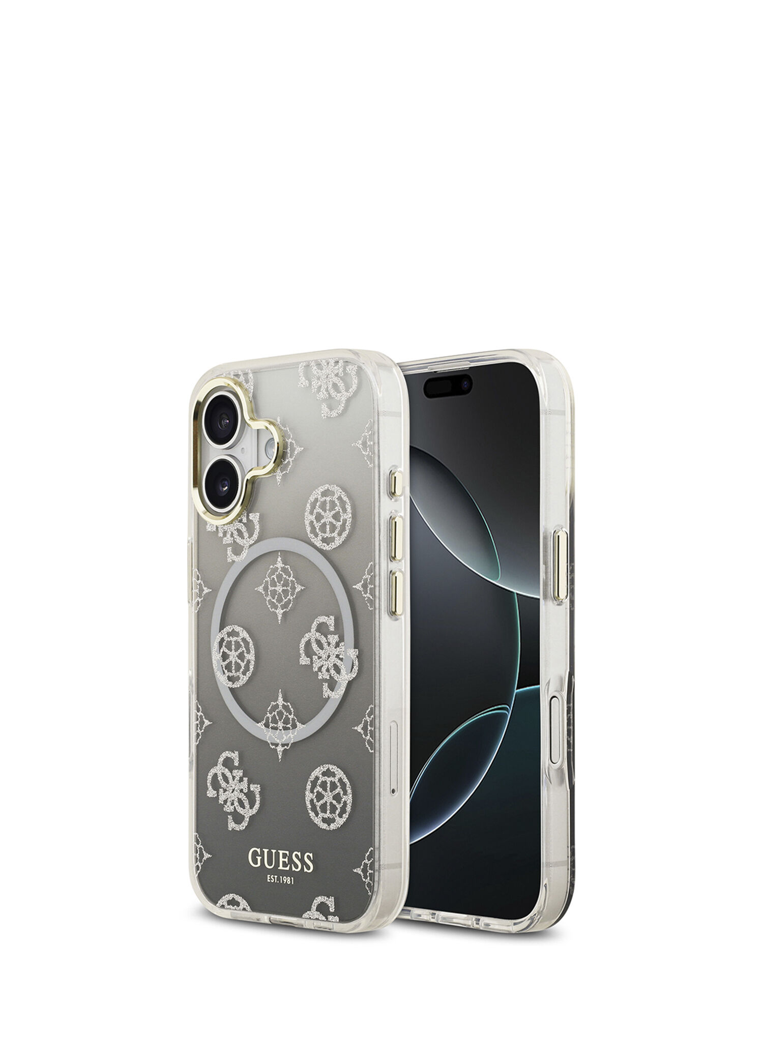 Guess - iPhone 17 Şarj Özellikli Simli Peony Desenli Silikon Magsafe Uyumlu Telefon Kılıfı - Siyah