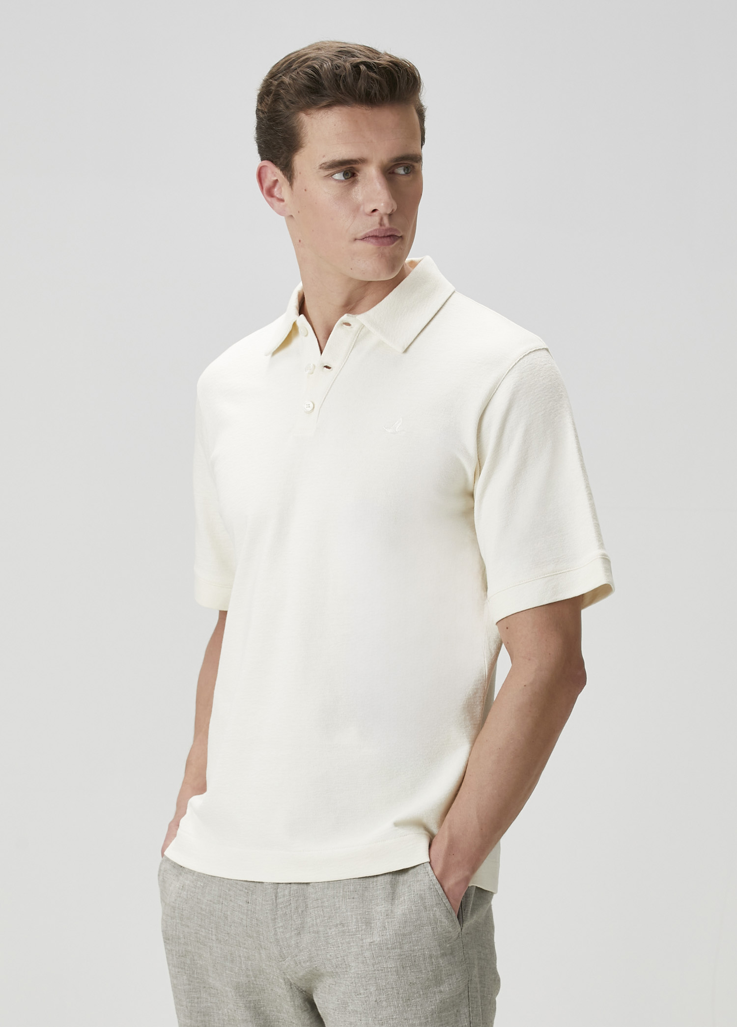 Comfort Fit Kırık Beyaz Polo Yaka T-shirt_3