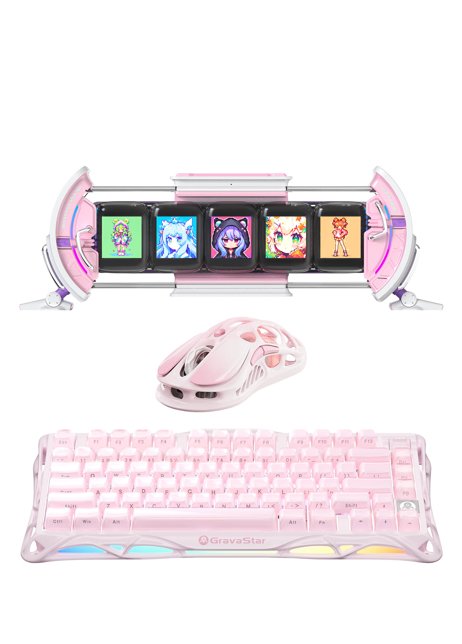 K1 Mekanik Gaming Klavye Sakura Pink M1 Pro Kablosuz Optik Mouse ve Dijital Resim Çerçevesi Oyuncu Seti